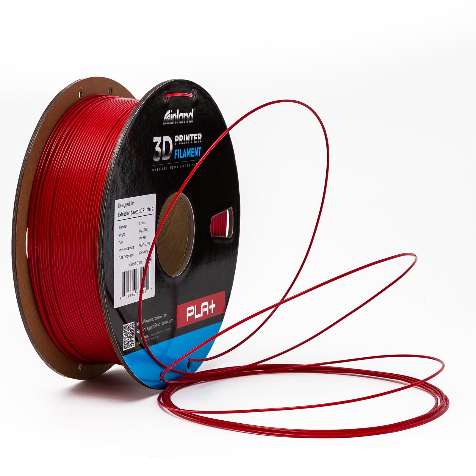 INLAND Micro Center PLA+ 3D Printer Filament 1.75mm - High Precision PLA Plus Filament with +/- 0.03mm Accuracy - 1kg (2.2 lbs) Cardboard Spool - True Red - Perfect for 3D Printing Models, Prototypes & DIY Projects