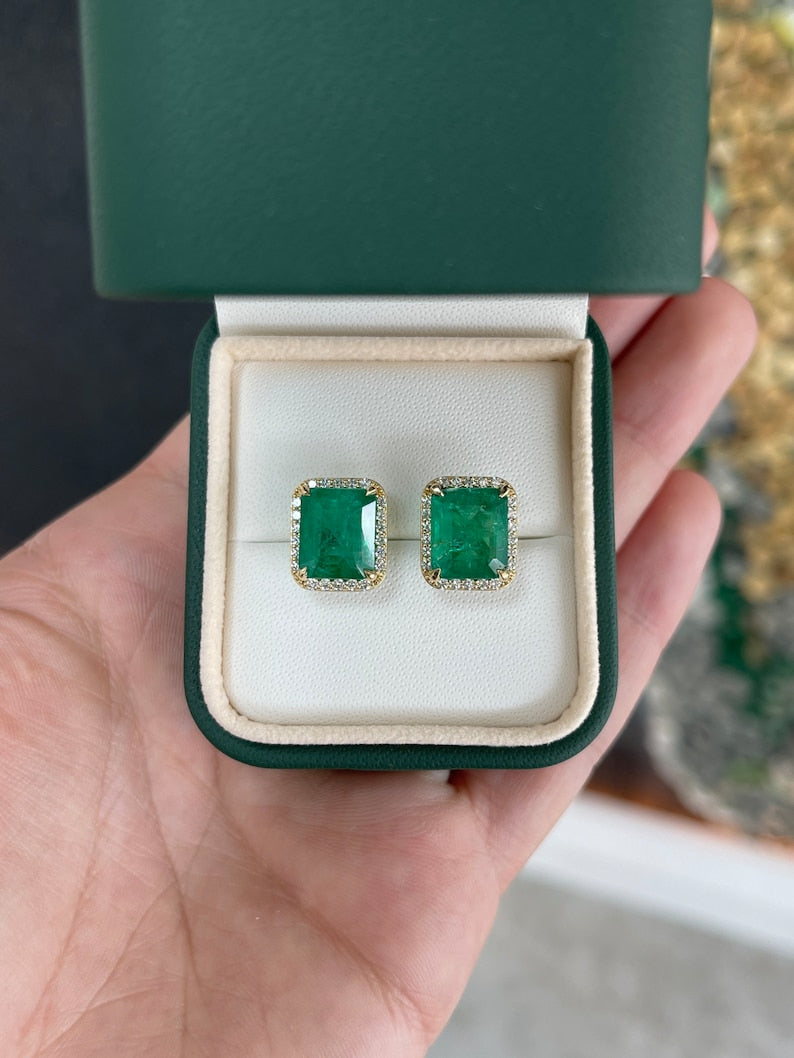 8.40tcw 14K Gold Natural Dark Green Emerald & Round Diamond Halo Stud Earrings for Women – Elegant Jewelry Gift for Wedding, Anniversary & Special Occasions
