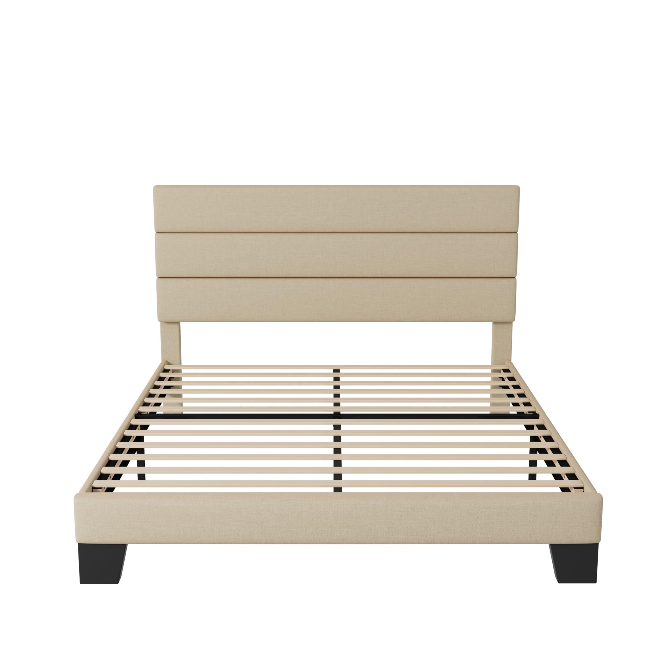 Allewie Queen Size Platform Bed Frame with Fabric Upholstered Headboard & Wooden Slats - No Box Spring Needed, Easy Assembly, Beige - Modern Bedroom Furniture for Small Spaces & Guest Rooms