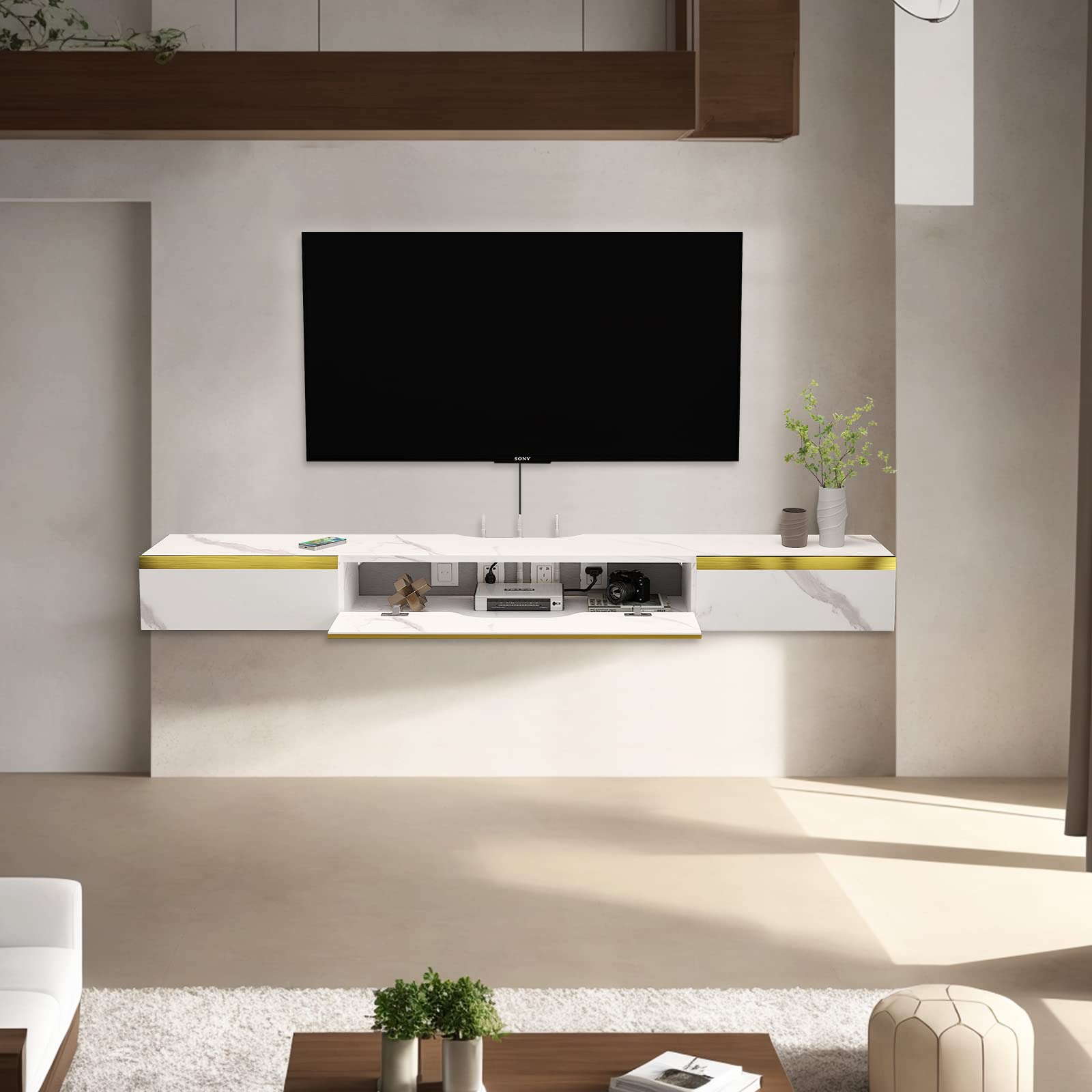 59'' Floating TV Stand with 2 Drawers & 1 Door - Wall Mounted Entertainment Center for Living Room & Bedroom - White - Space Saving Media Console for Modern Home Décor