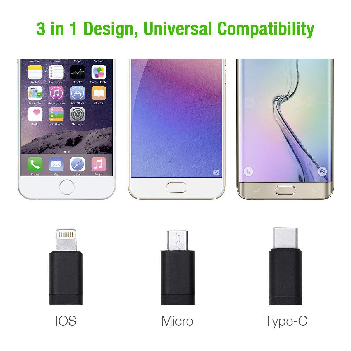 BoxWave AllCharge 3-in-1 Cable for Kodak Mini 2 Instant Photo Printer - USB C, Micro USB & Lightning Charging Cable - Jet Black - Perfect for Travel, Home & Office Use