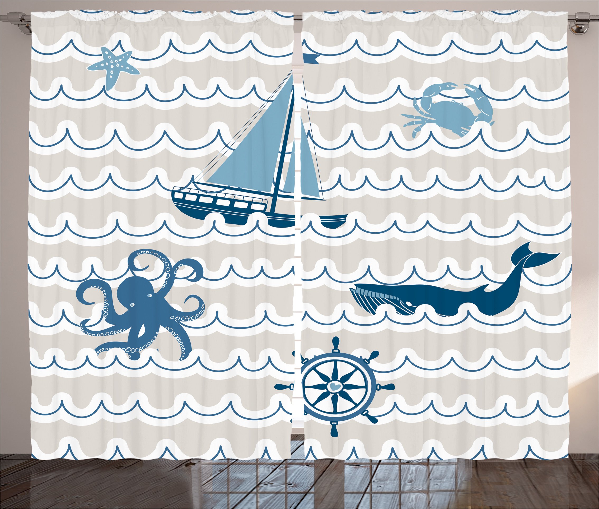 Ambesonne Nautical Curtains - Ocean Wave Design with Octopus, Crab, Starfish & Whale Prints - 2 Panel Window Drapes for Living Room & Bedroom - 108