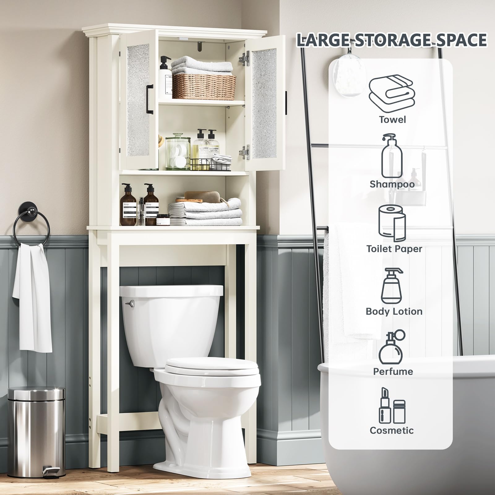 Over The Toilet Storage Cabinet with Doors & Adjustable Shelf - Thick Frame Bathroom Organizer for Above/Behind Toilet - Cream White - Perfect for Small Bathrooms, Apartments & Space-Saving Storage