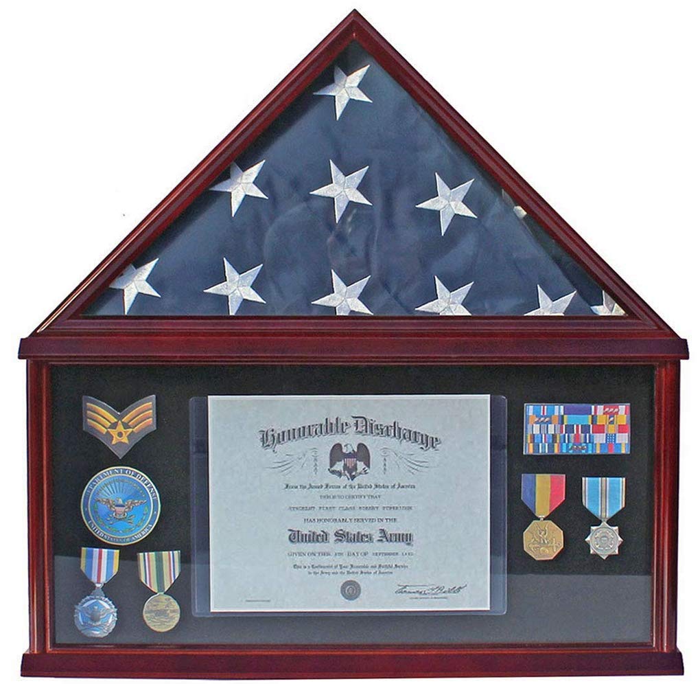 5' x 9.5' Military Shadow Box Display Case for American Flag - Solid Wood with Mahogany Finish & Black Felt Backing - Perfect for Memorials, Funerals, Home Decor & Patriotic Displays
