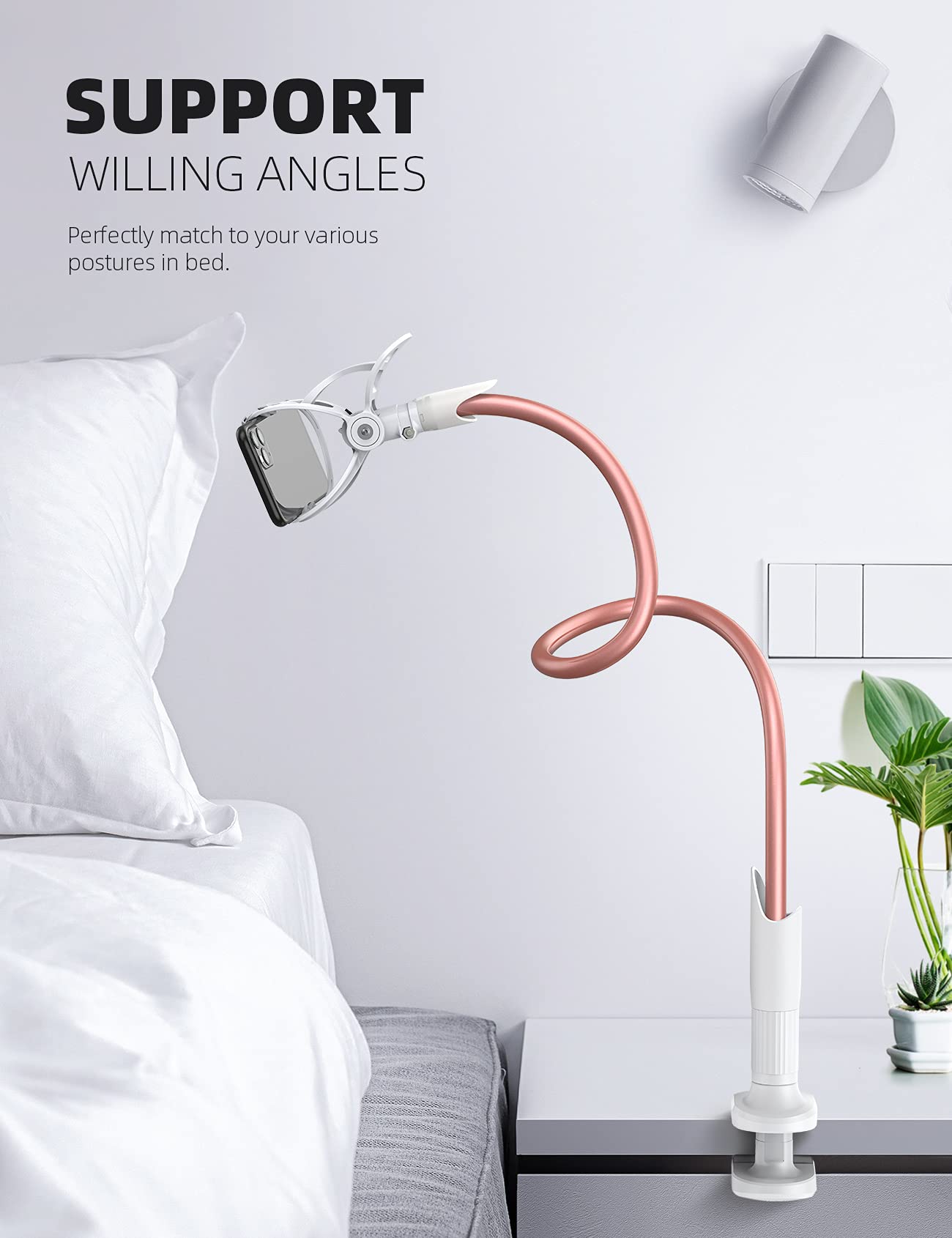 Lamicall Flexible Gooseneck Phone Holder for Bed & Desk - Adjustable Long Arm Clip Stand Compatible with iPhone 15 14 13 12 Pro Max XS XR X 8 Plus & Samsung Galaxy S20 A71 - Rose Gold - Perfect for Reading, Watching Videos & Hands-Free Calling in Bed or Office