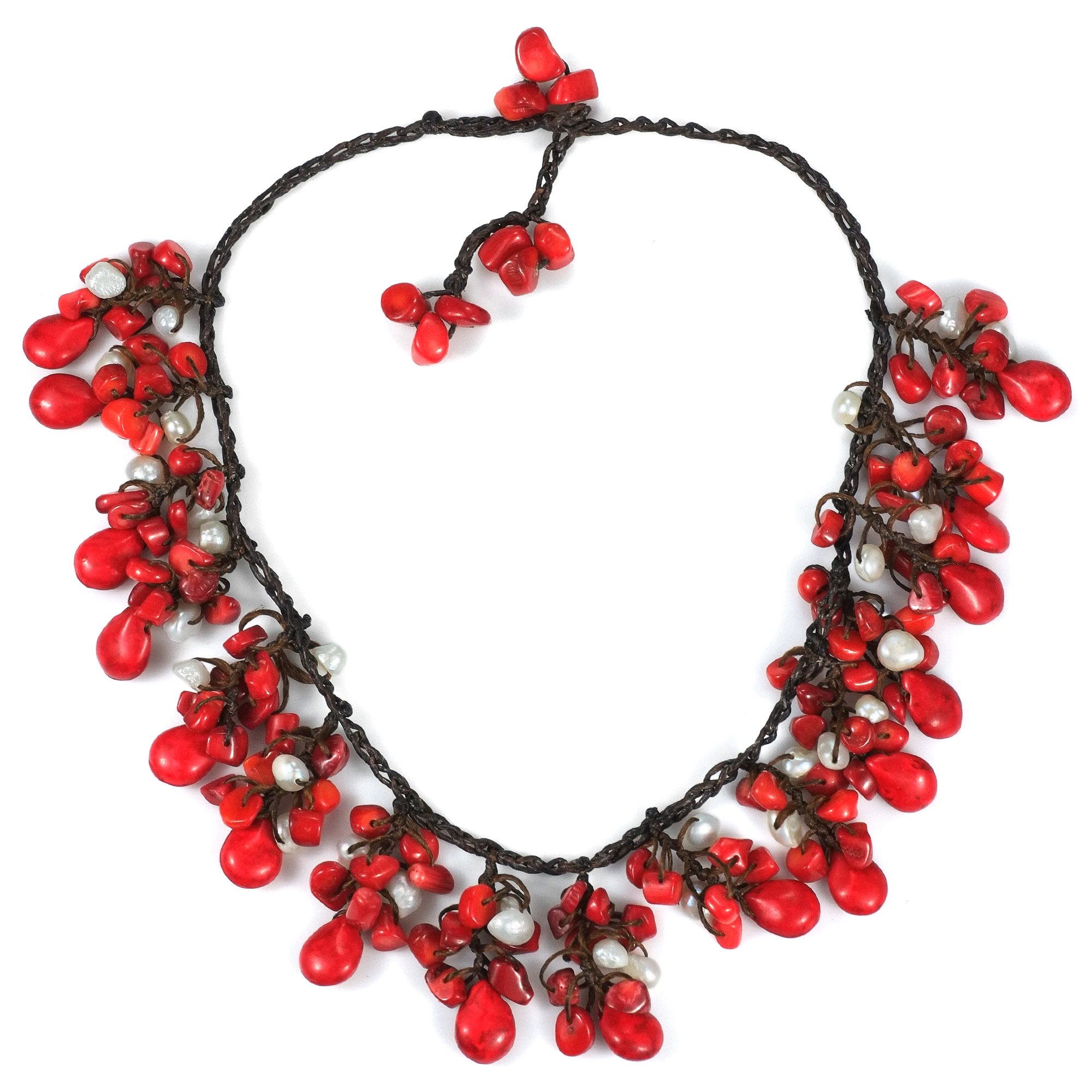 Elegant Clusters Teardrop Reconstructed Red Coral & Cultured Freshwater White Pearl Necklace | Perfect for Weddings, Parties & Special Occasions
