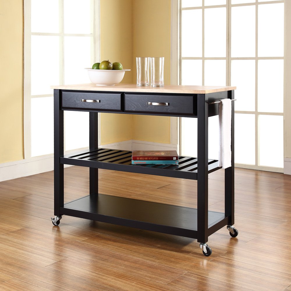 Crosley Black Wood Top Kitchen Rolling Cart with Shelves & Drawers - Microwave Stand, Coffee Bar Station, Prep Cart for Small Spaces - Perfect for Kitchen, Dorm, Office & Apartment Storage