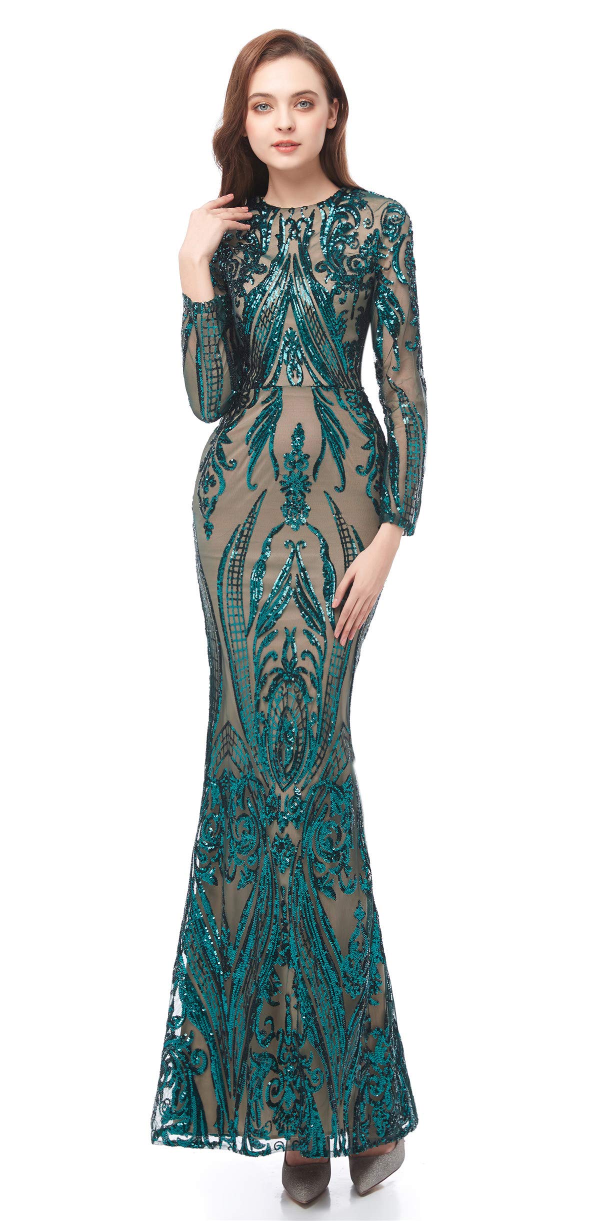 Elegant Long Sleeve Sequin Mermaid Evening Dress with Detachable Train - Women's Formal Party Gown for Prom, Wedding, and Black Tie Events