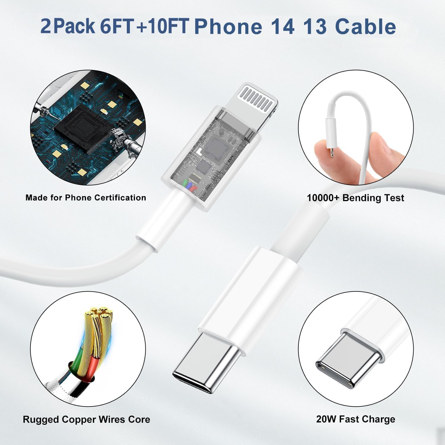 20W Fast Charger for iPhone 14 13 12 Pro Max/Plus - 2 Pack USB C to Lightning Cable (6FT+10FT) with Power Adapter - Quick Charge Compatible with iPhone 14/13/12 Series - Perfect for Home, Office & Travel Charging - White