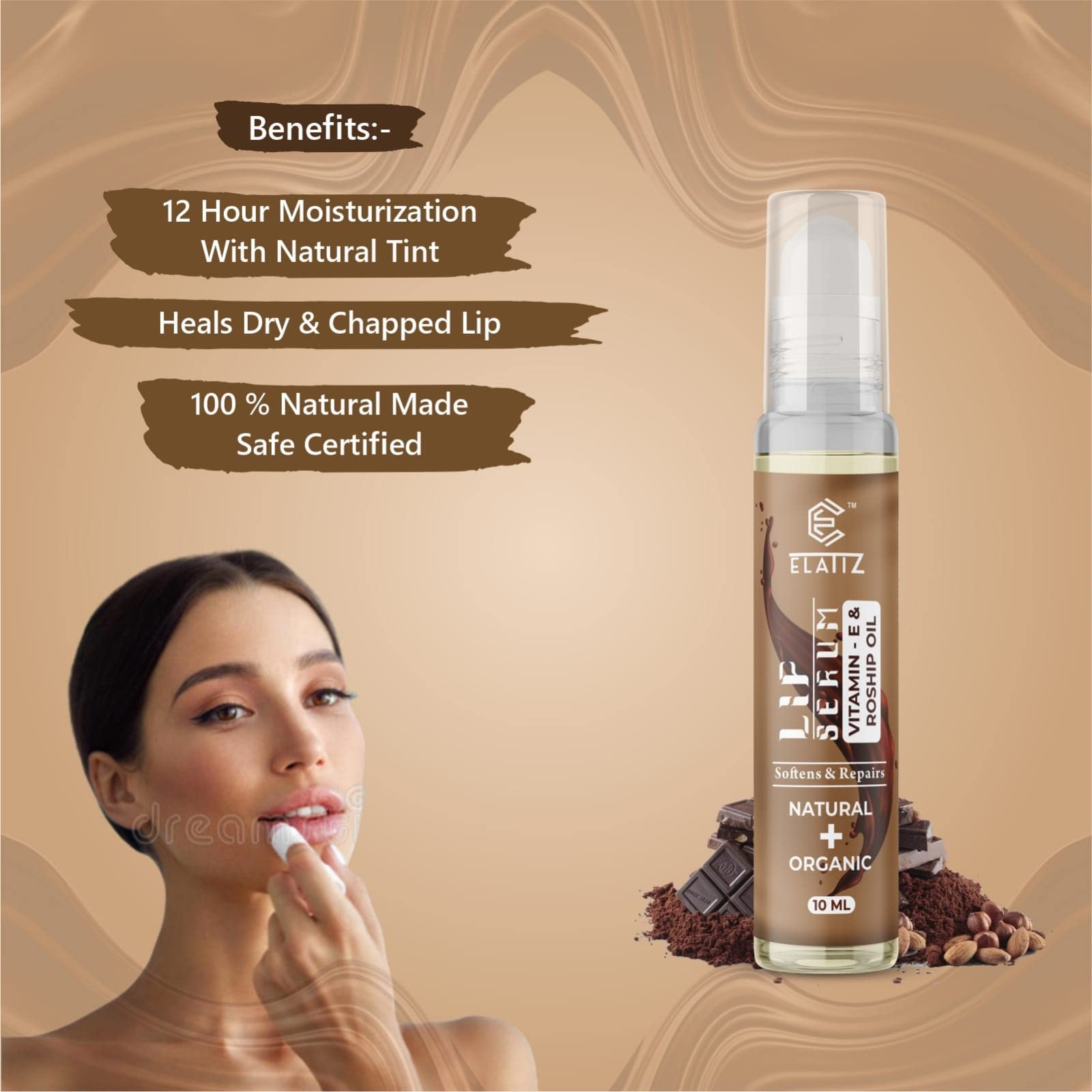Organic Vitamin E & Rosehip Oil Lip Serum - Hydrating & Nourishing 10ml (ELZ_LPS_02) | Perfect for Dry, Chapped Lips - Day & Night Care