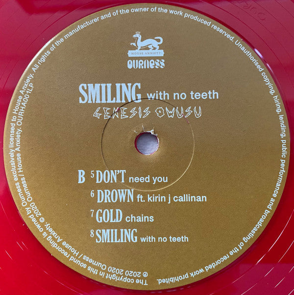 Genesis Owusu - Smiling With No Teeth (2xLP, Album, Limited Edition Red Vinyl, Near Mint Condition) - Perfect for Vinyl Collectors & Music Enthusiasts
