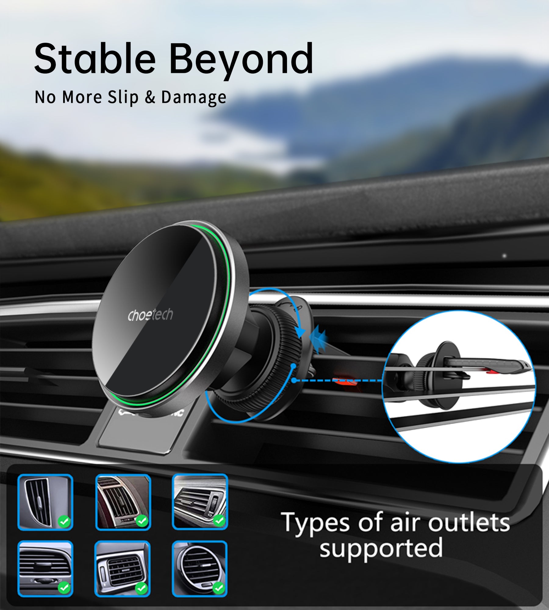 CHOETECH T204 F Magnetic Car Wireless Charger - 15W Qi Fast Charging | MagSafe Compatible | LED Indicator | for iPhone 12/13/14/15/16 Series | Perfect for Road Trips & Commuting
