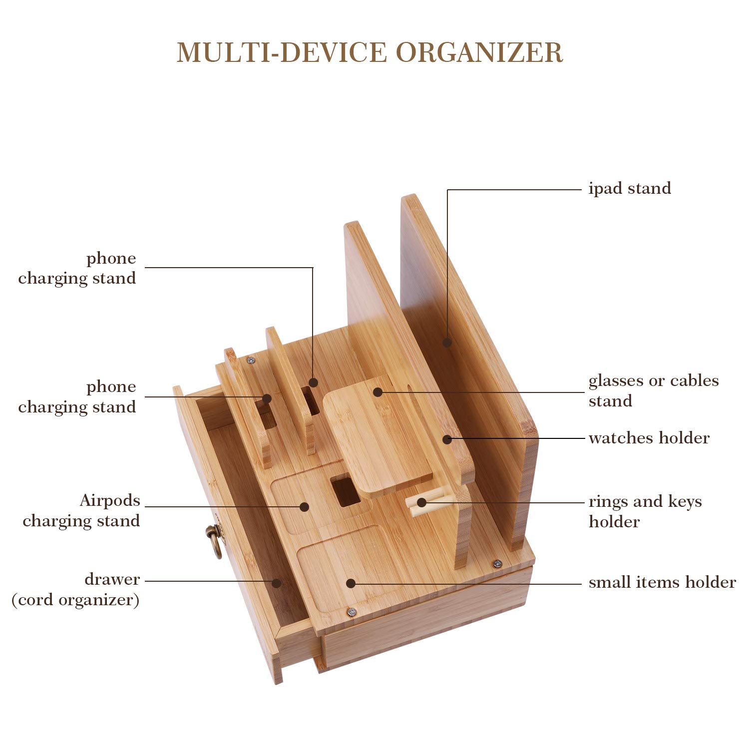 iCozzier Bamboo Multi-Device Charging Station & Organizer - Universal Dock for Apple Watch, AirPods, iPhone, iPad, Tablets & Kindle - Compact Desktop Storage with Drawer for Keys & Accessories - Perfect for Home, Office & Travel Organization