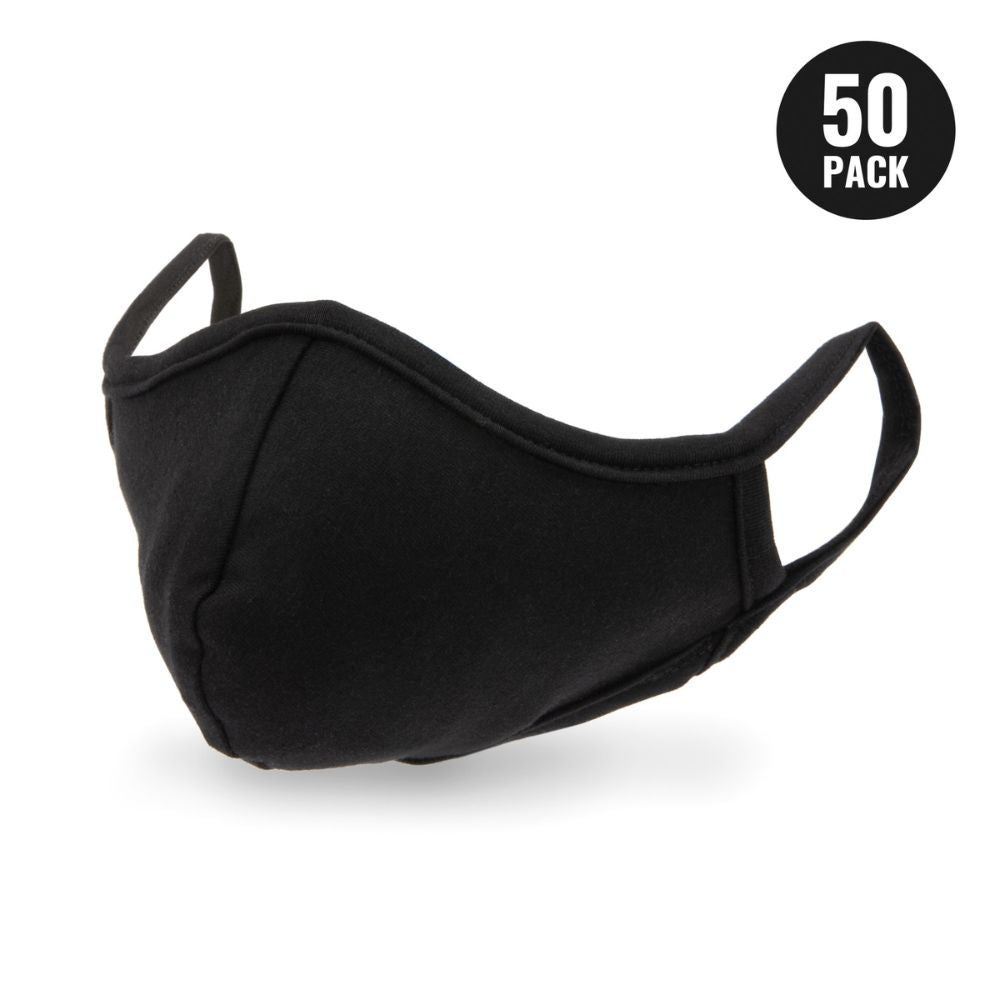 212 Performance CFME05000PK Washable Cotton Face Masks - 50 Pack Black, Breathable Fabric with Elastic Ear Loops for Comfort - Ideal for School, Work, Travel & Daily Protection