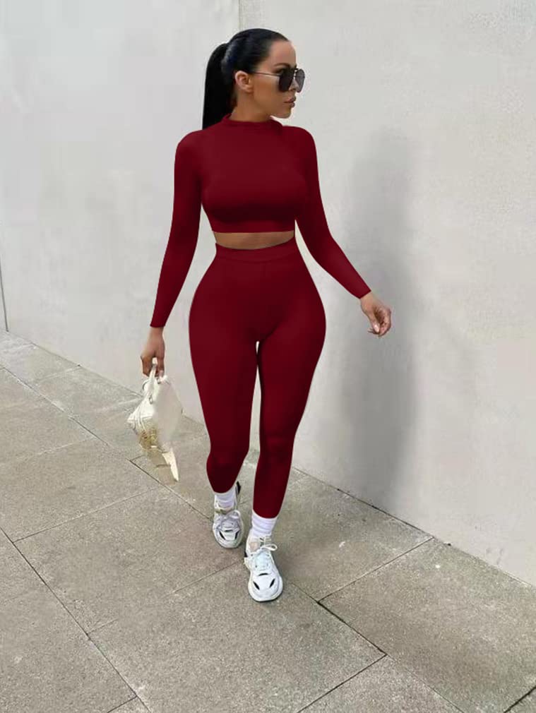 GOKATOSAU Women's Sexy 2 Piece Outfit Long Sleeve Crop Top & High Waist Pants Set - Clubwear, Party Jumpsuit for Night Out, Date Night & Special Occasions