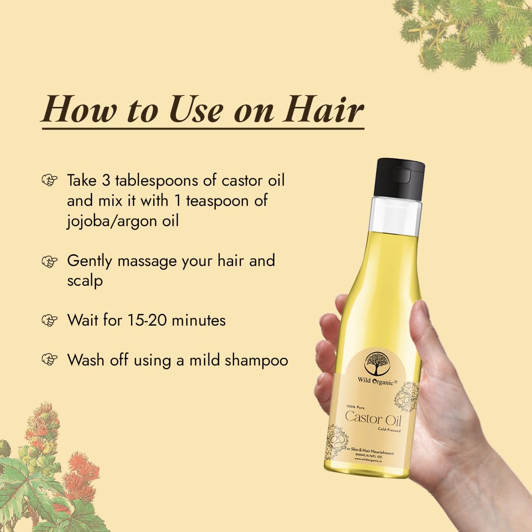 WILD ORGANIC 100% Pure Cold-Pressed Castor Oil for Skin & Hair Care - Moisturizing, Healing, Promotes Hair Growth - 100ml - Perfect for Daily Beauty Routine & Natural Remedies