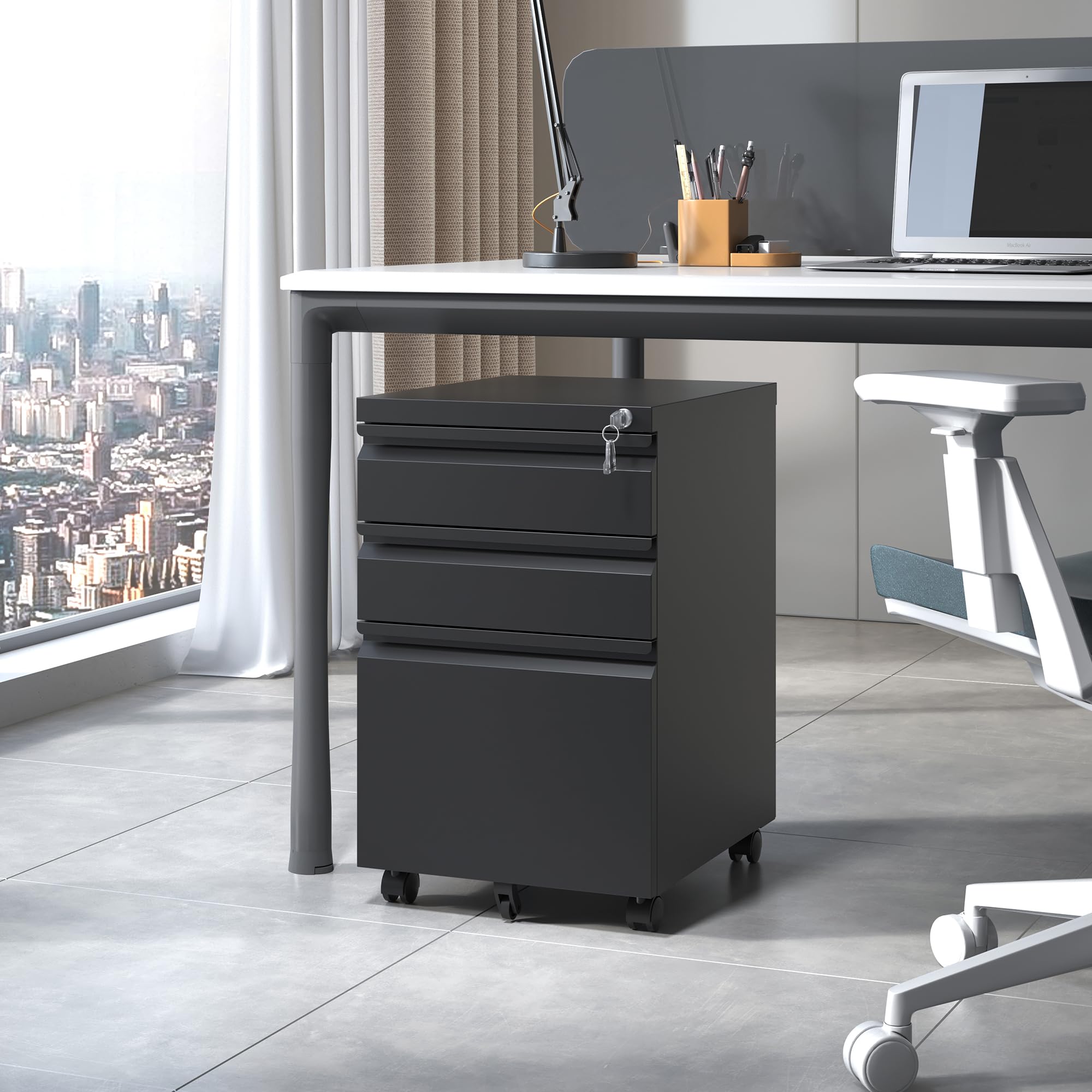 3 Drawer Mobile File Cabinet - Black Metal Under Desk Filing Cabinet with Wheels & Lock, Slim Vertical Office Organizer for Home & Business, Fully Assembled, Fits Letter/Legal/A4 Folders - Perfect for Small Spaces & Clutter-Free Workspaces - Ideal for Home Offices, Workstations & Compact Work Areas - Great for Document Storage, Office Organization & Space-Saving Solutions