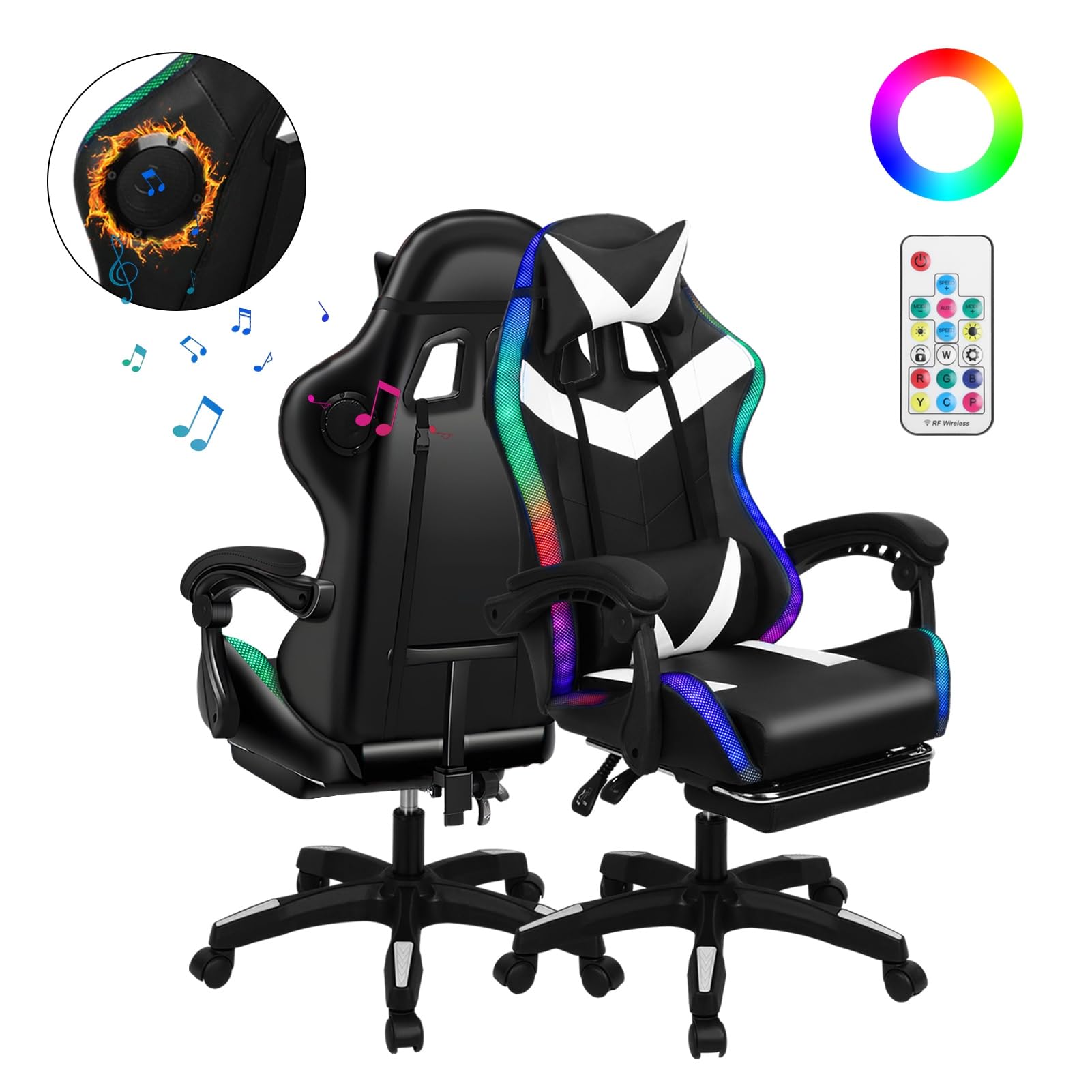 Ergonomic Gaming Chair with Footrest, Bluetooth Speakers & RGB Lights - Office Massage Chair with Pocket Spring Cushion for Adults (350lbs Capacity) - Perfect for PC Gaming, Home Office & Streaming (White & Black)