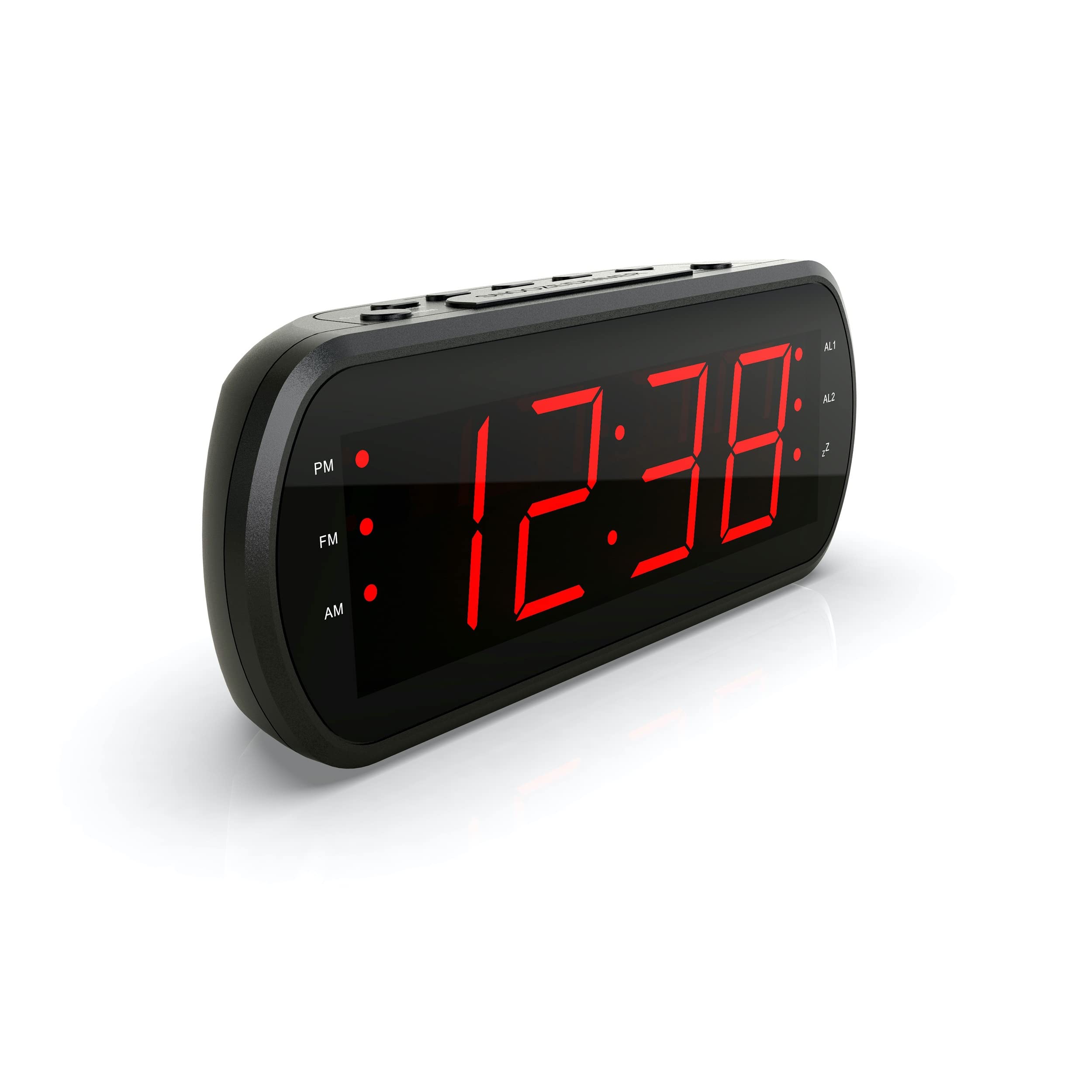 **Large Digital Alarm Clock Radio with FM, Dual Alarms, Red LED Display & Built-in USB Charging Port - Black - Perfect for Bedroom, Office, Travel**
