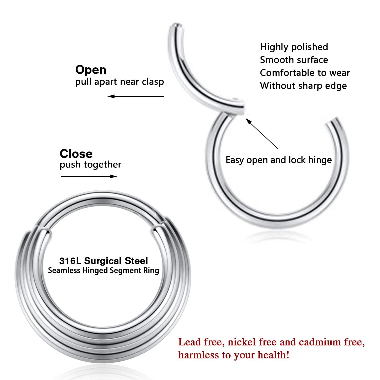 PEAKLINK 16G Septum Hoop Earrings - 316L Surgical Steel Clicker Nose Ring - 2PCS Seamless Tragus, Helix, Rook, Conch, Daith, Cartilage & Lobe Piercing Jewelry - 8mm & 10mm - Perfect for Everyday Wear & Special Occasions