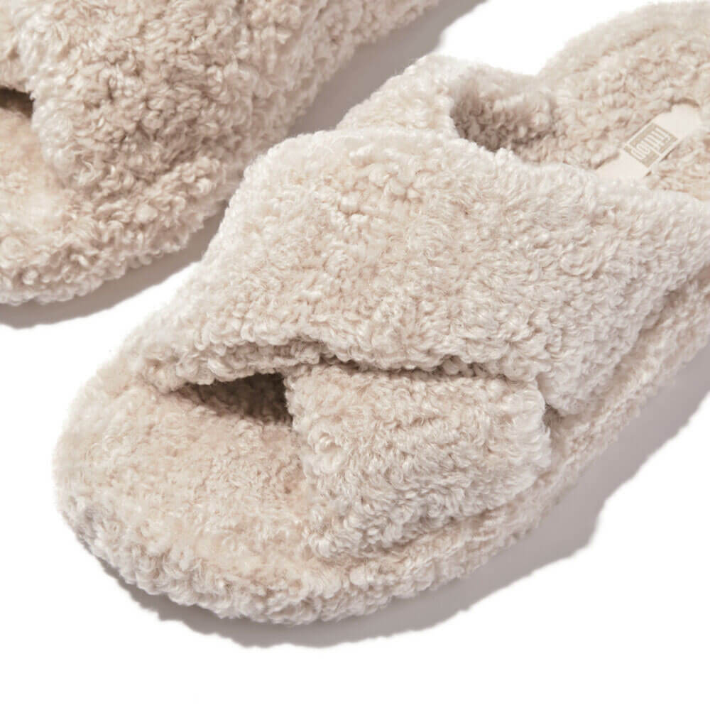 FitFlop iQushion D Luxe Teddy Cross Slides - Comfortable Women's Sandals with Arch Support for Walking, Travel & Home Use - Milk Ice Color