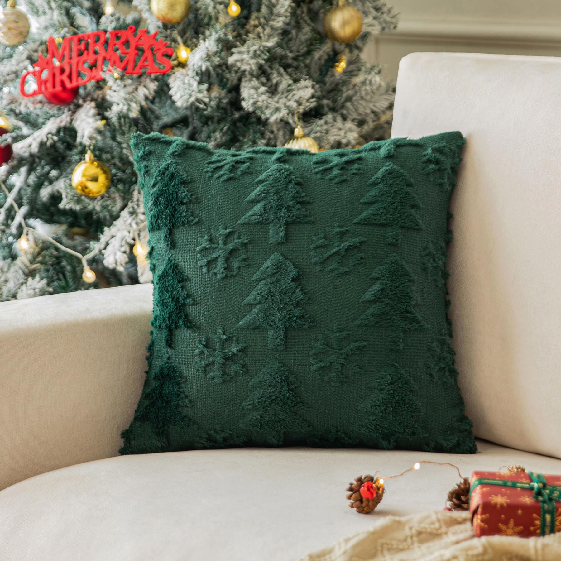 Snowflake Shaped Faux Fur Christmas Tree Pillow Covers 20x20 Inches - Set of 2 Soft Plush Throw Pillowcases for Couch, Sofa & Bed - Cozy Winter Holiday Decor for Farmhouse, Living Room & Christmas Party Decorations