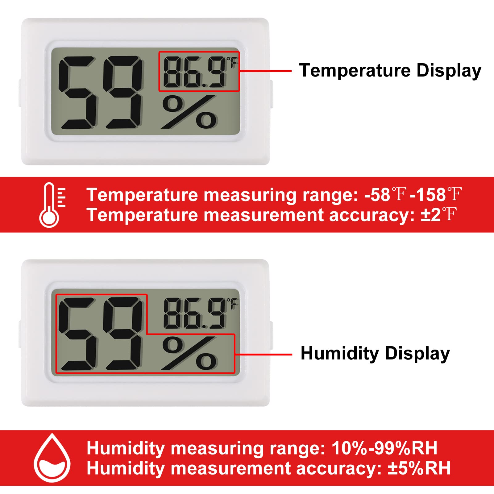 2-Pack Mini Digital Hygrometer Thermometer with Probe - LCD Display for Temperature (°F) & Humidity Monitoring - Perfect for Incubators, Reptile Terrariums, Plant Greenhouses, Humidors & Guitar Cases - Indoor/Outdoor Use