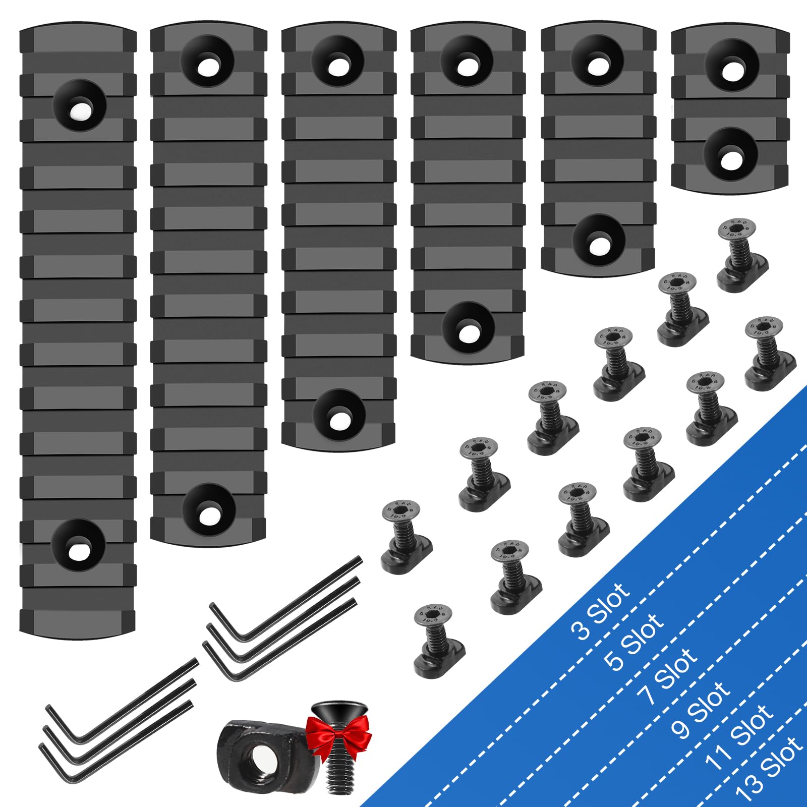 Single Picatinny Polymer Accessory Rail Set for 3 5 7 9 11 13 Slots with 13 T-Nuts & Screws - Lightweight Rounded Corner Design - Includes 6 Allen Wrench - Perfect for Rifle Scopes, Lasers & Tactical Gear Mounting