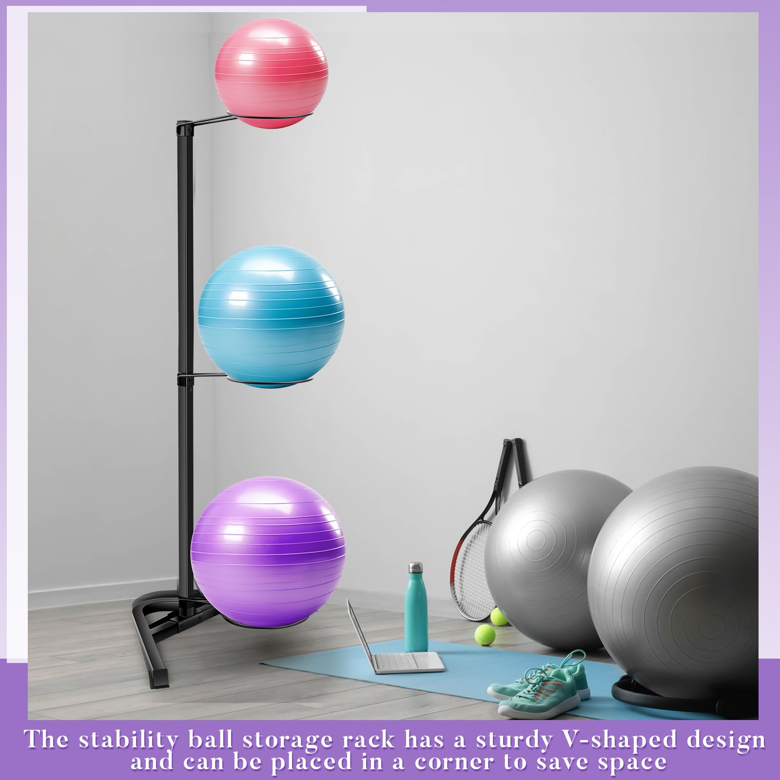 Blulu Vertical Yoga Ball Holder Stand - Heavy Duty Steel Frame Stability Ball Rack for Home & Commercial Gyms - Stores 3 Exercise Balls - Perfect for Yoga Studios, Fitness Centers & Home Workout Spaces