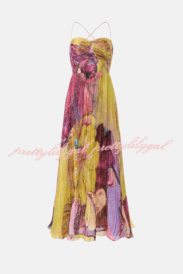 Elegant Floral Print Sweetheart Neck Pleated Maxi Dress for Women | Summer Beach Wedding Party Cocktail Dress