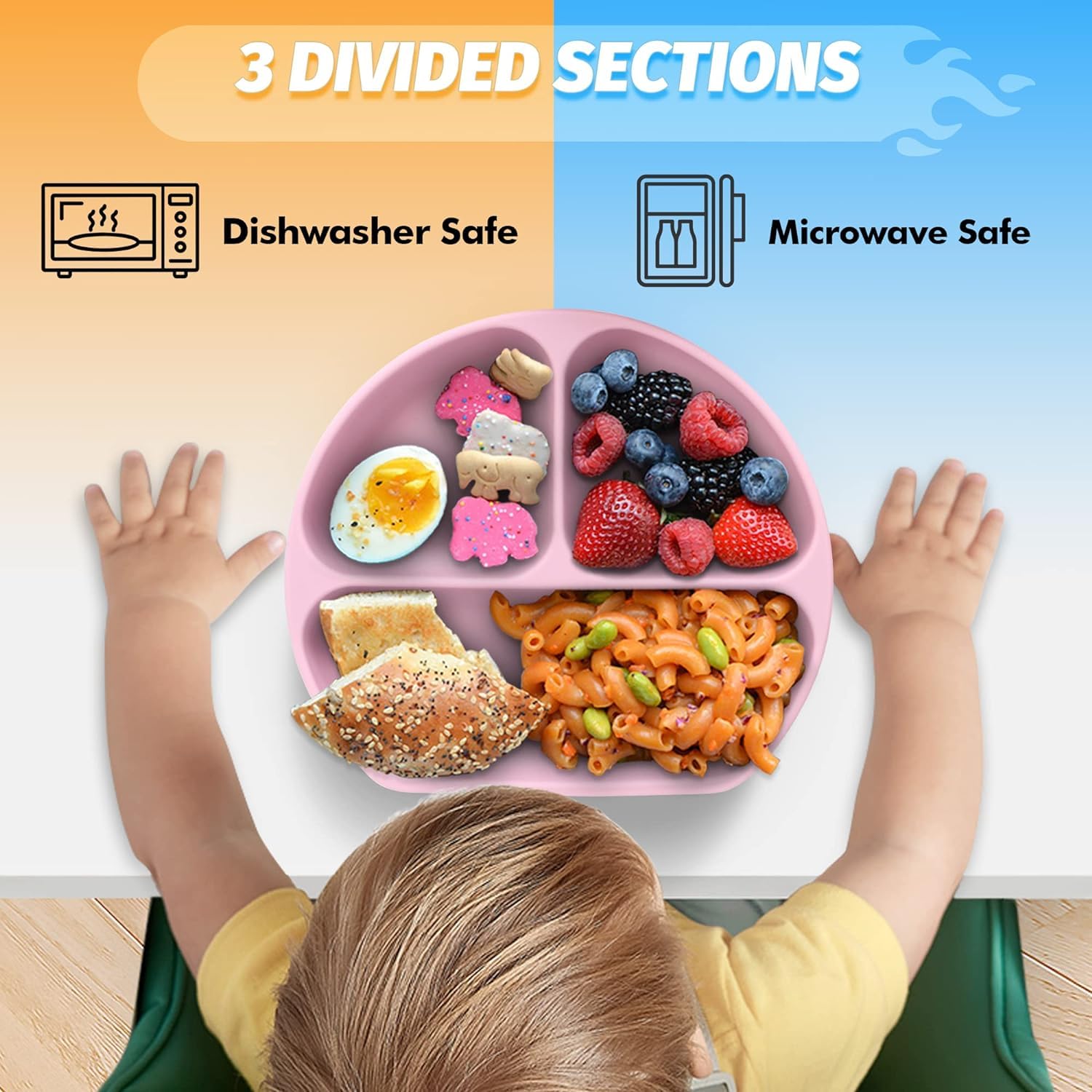 Non-Slip Silicone Baby Plate with Suction Base - Divided Toddler Dish, 100% Food-Grade BPA-Free, Microwave & Dishwasher Safe (Pink) - Perfect for Mess-Free Mealtime, Travel & Daycare Use