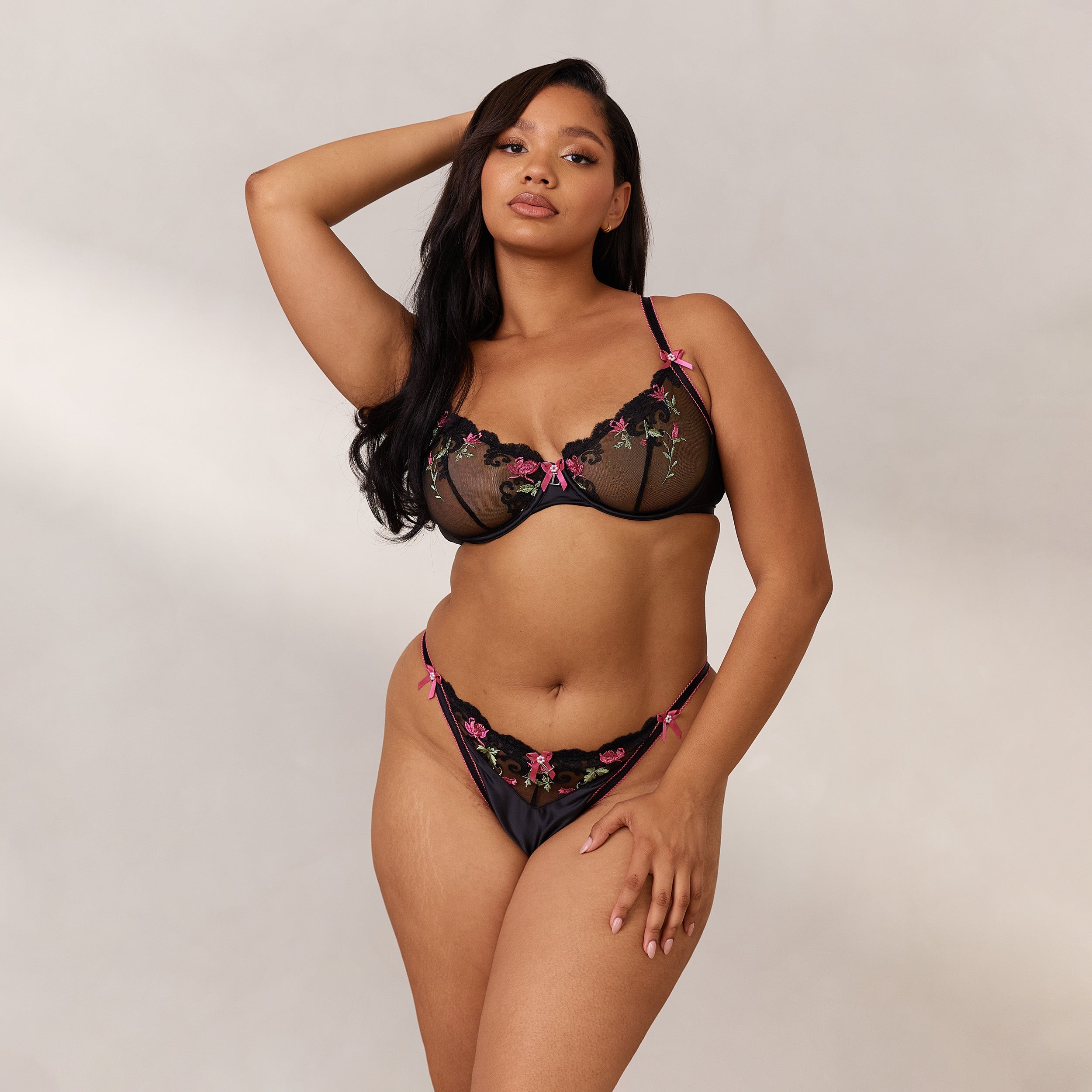 Bloom Embroidered Balcony Bra - Lace Underwire Push Up Bra for Women, Comfortable Everyday Wear, Perfect for Date Night & Special Occasions - Black