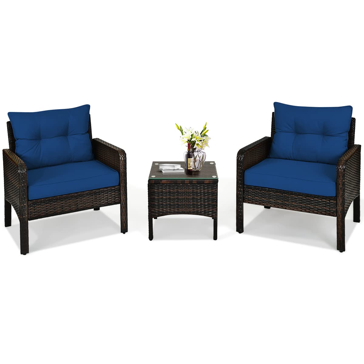 HappyGrill 3-Piece Patio Conversation Set - Outdoor Rattan Wicker Furniture with Coffee Table & Chairs, Waterproof Seat Cushions - Perfect for Garden, Balcony, Backyard, Poolside & Outdoor Entertaining
