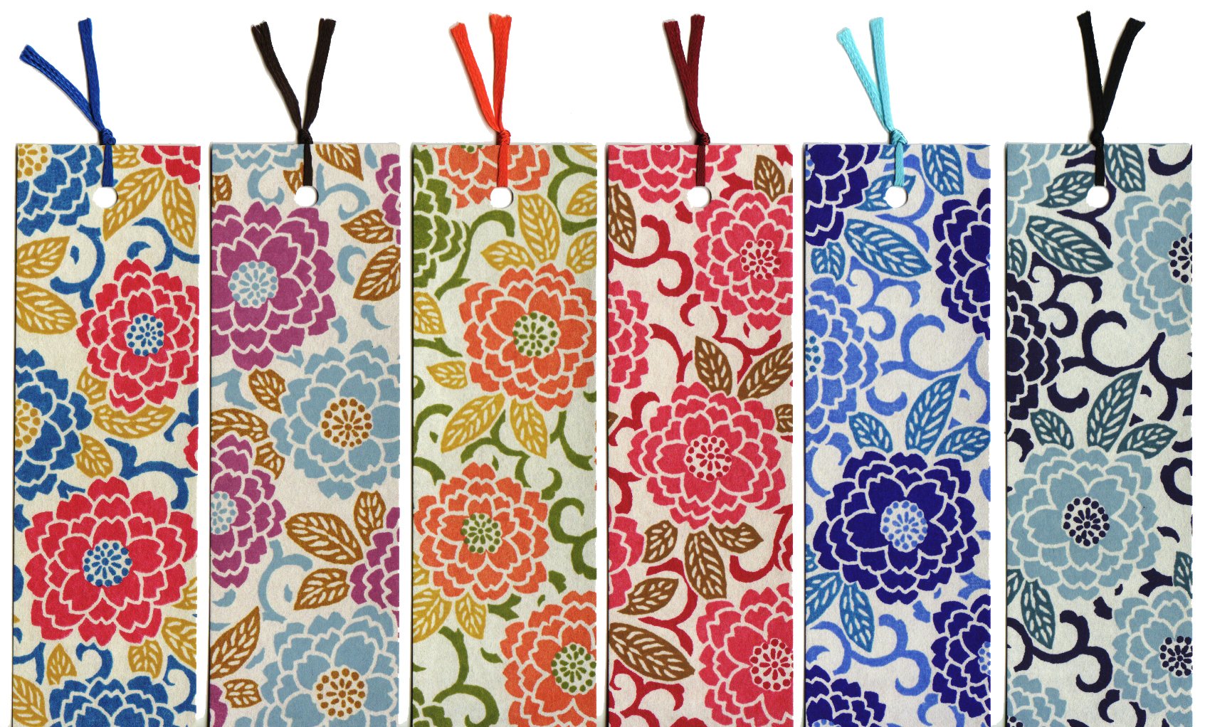 Yuzen Washi Pattern Dyed Bookmarks Set of 6 - Double Cherry Blossoms Design for Books, Journals & Gifts - Perfect for Reading, Book Lovers & Japanese Culture Enthusiasts