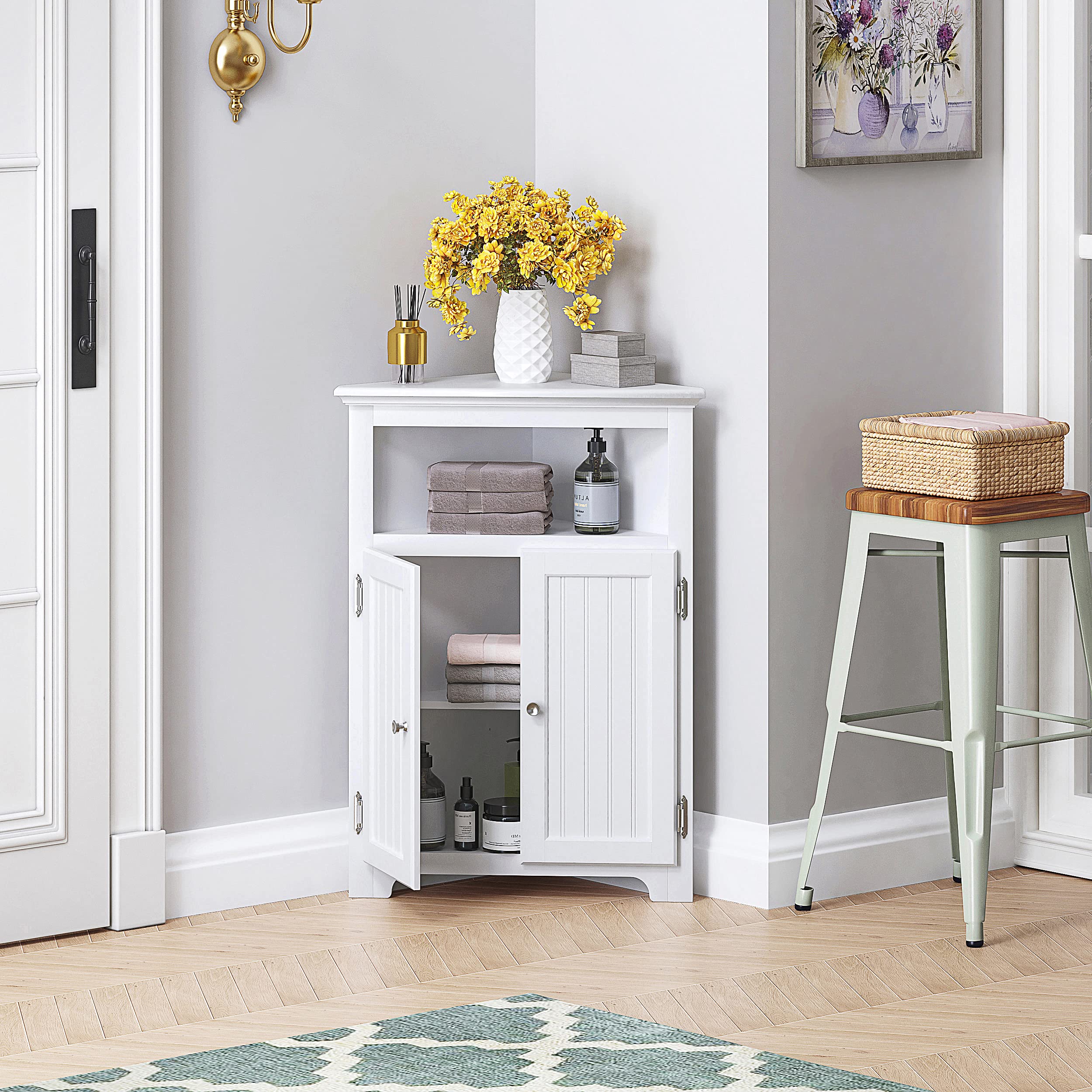 UTEX White Freestanding Corner Storage Cabinet with Adjustable Shelves - Narrow Bathroom, Kitchen & Living Room Organizer for Small Spaces - Perfect for Toiletries, Cleaning Supplies & Home Decor