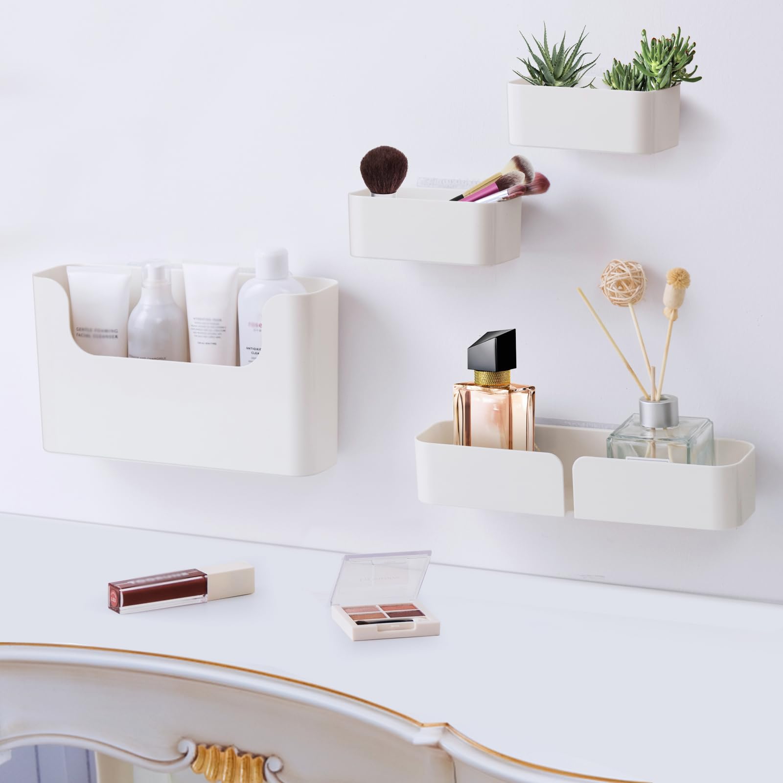 Poeland Floating Shelf Wall Mounted - No Drill Adhesive Bathroom Organizer Ledge Shelf for Home Decor, Kitchen & Bathroom Storage - Set of 4 - Perfect for Small Spaces, Vanity Organization & Modern Home Decor