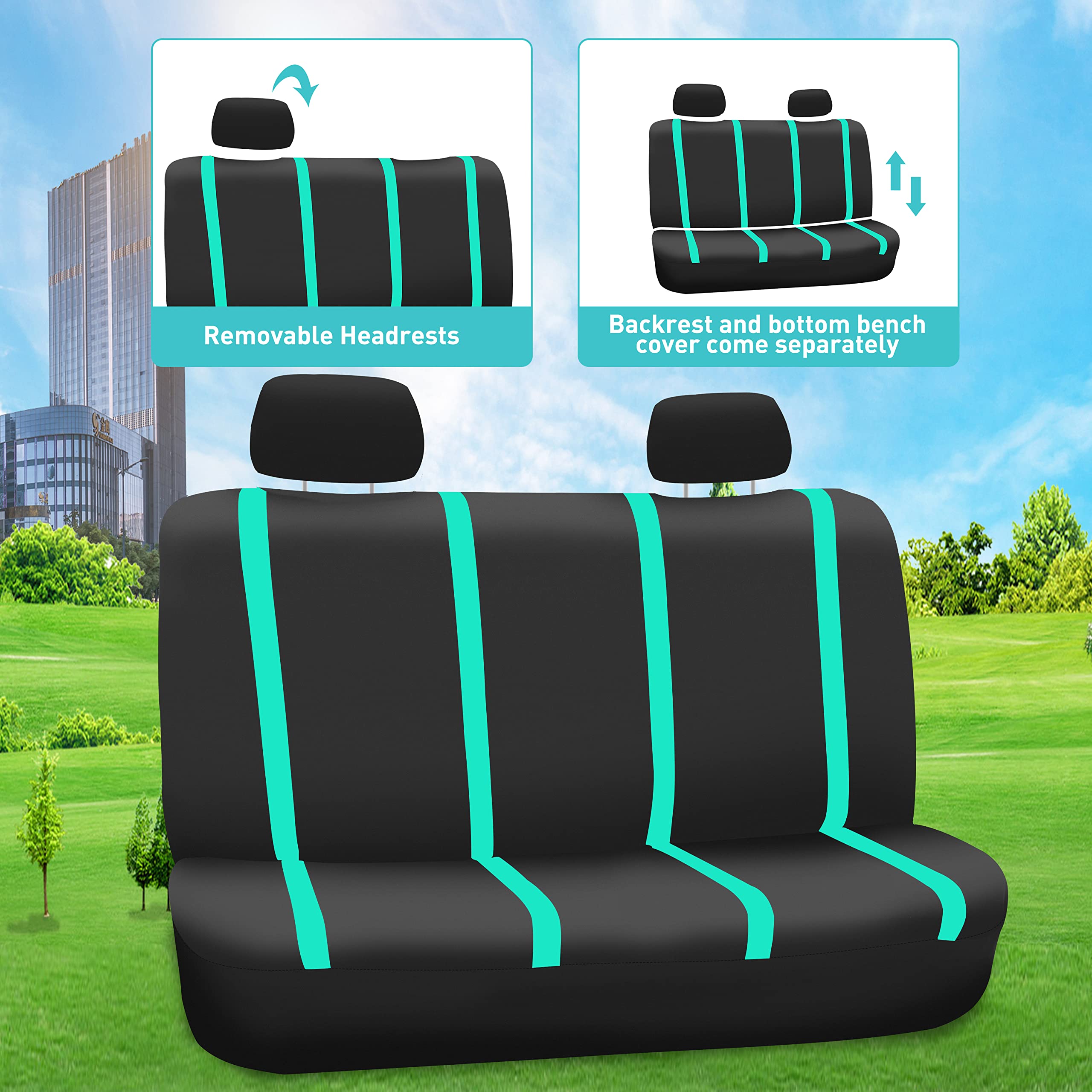 FH Group Universal Fit Car Seat Covers Full Set - Breathable Cloth Front & Back Seat Protectors for SUV, Sedan, Van | Washable, Durable & Stylish Mint Green Design | Perfect for Daily Commute, Road Trips & Family Travel