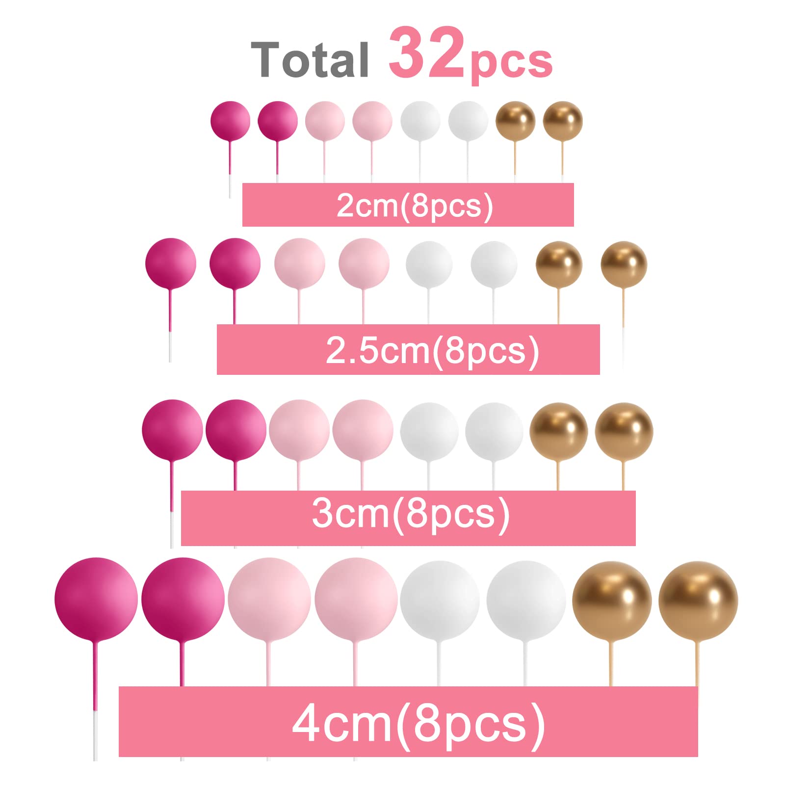 ASTARON 32-Piece Ball Cake Topper Set - Mini Balloons, Foam Balls & Cake Picks for Wedding, Birthday Party Decorations (Pink Gold) | Perfect for Cake Decorating, Dessert Displays & Celebration Centerpieces