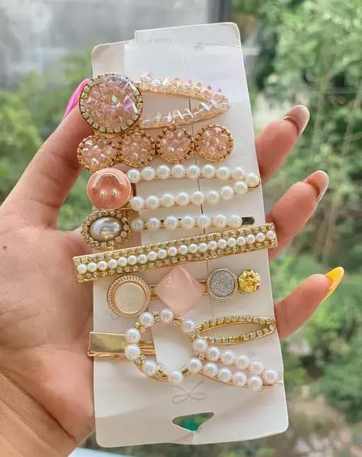 SIA VENDORS® Handmade Pearl Hair Clips - Elegant Alligator Bobby Pins & Barrettes for Women & Girls (16-Piece Set, Barbie Pink) - Perfect for Weddings, Parties & Everyday Hair Styling