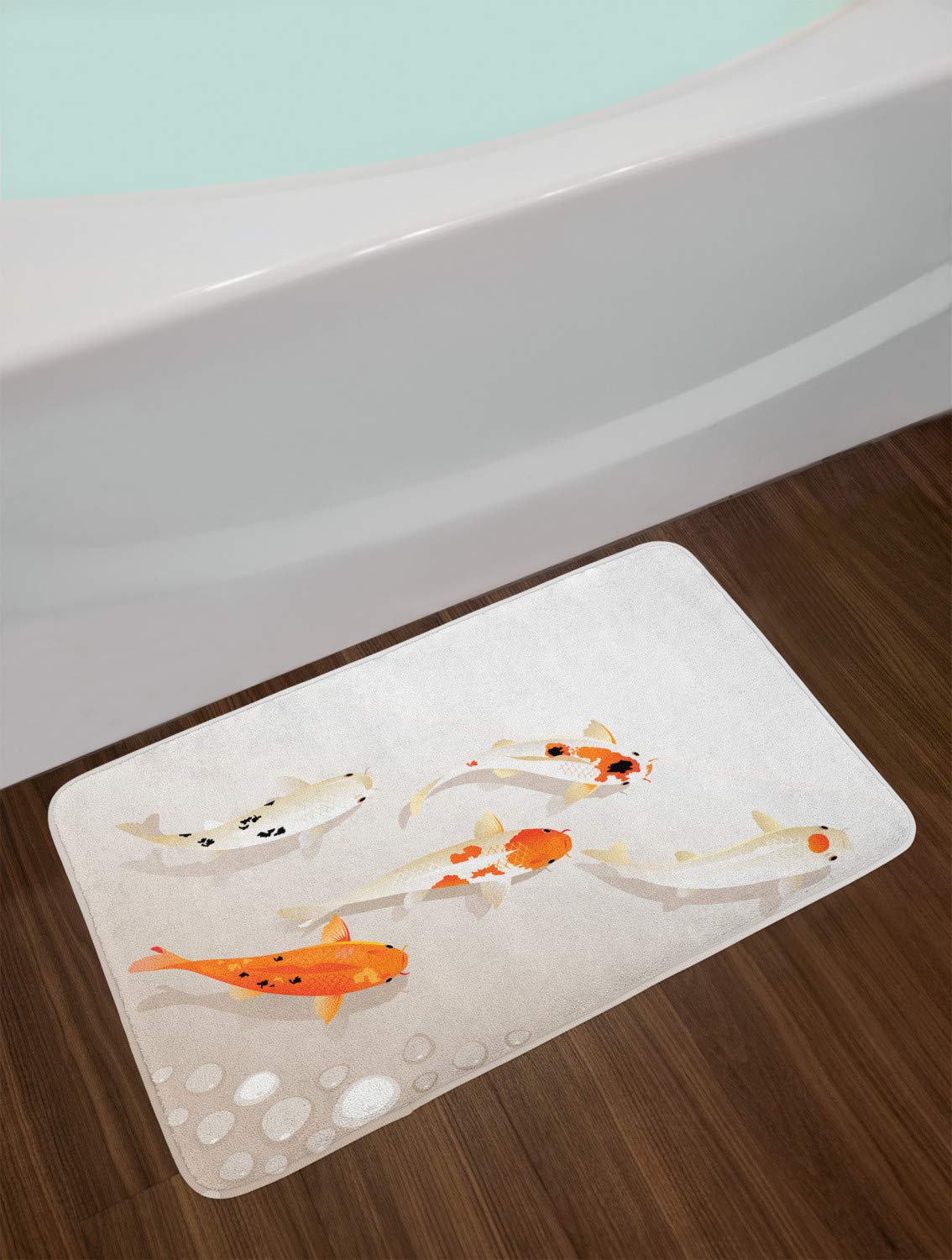 Ambesonne Non-Slip Plush Bath Mat - Traditional Koi Carp Oriental Design in Orange Beige, 30.2