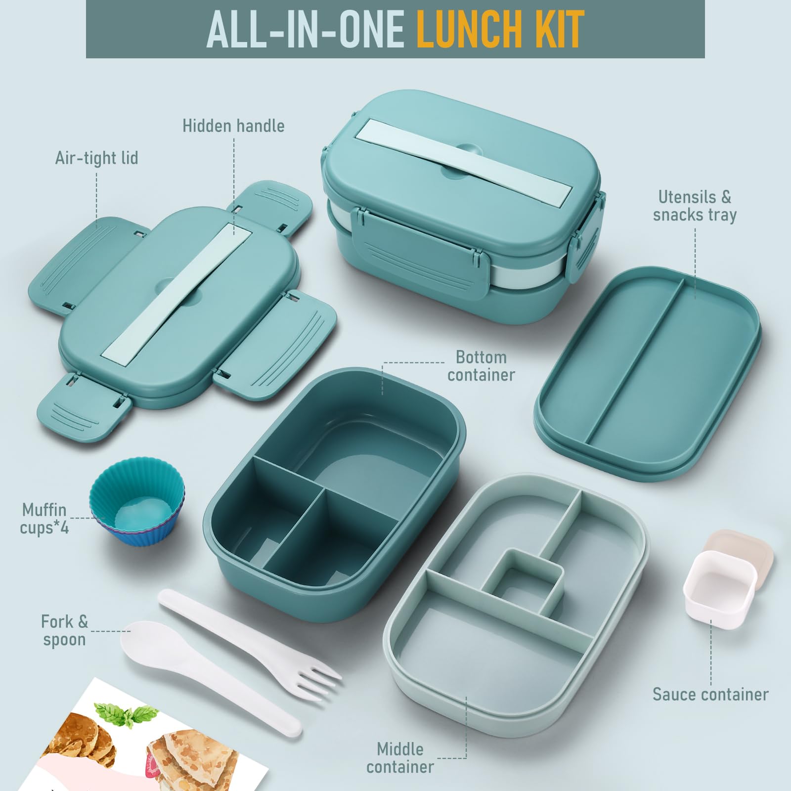 3-Tier Bento Box for Adults & Kids - 63oz Stackable Lunch Container with Utensil Set, Sauce Cups & Muffin Cups - Eco-Friendly Meal Prep for Office, School & Picnics - Green