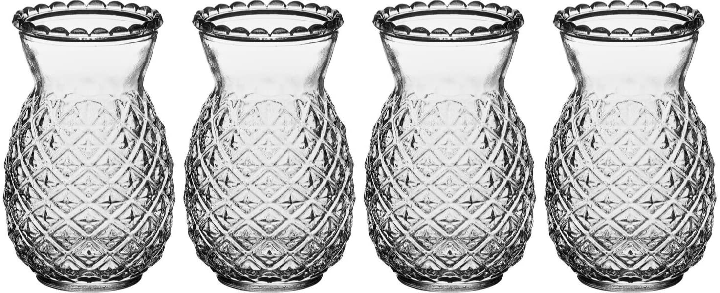 4 Pack Pineapple Tiki Glasses - 20 Oz Clear Cocktail Cups with Straws for Tropical Drinks, Party Decor & Summer Barware | Perfect for Pool Parties, Luau Events & Beach Themed Celebrations