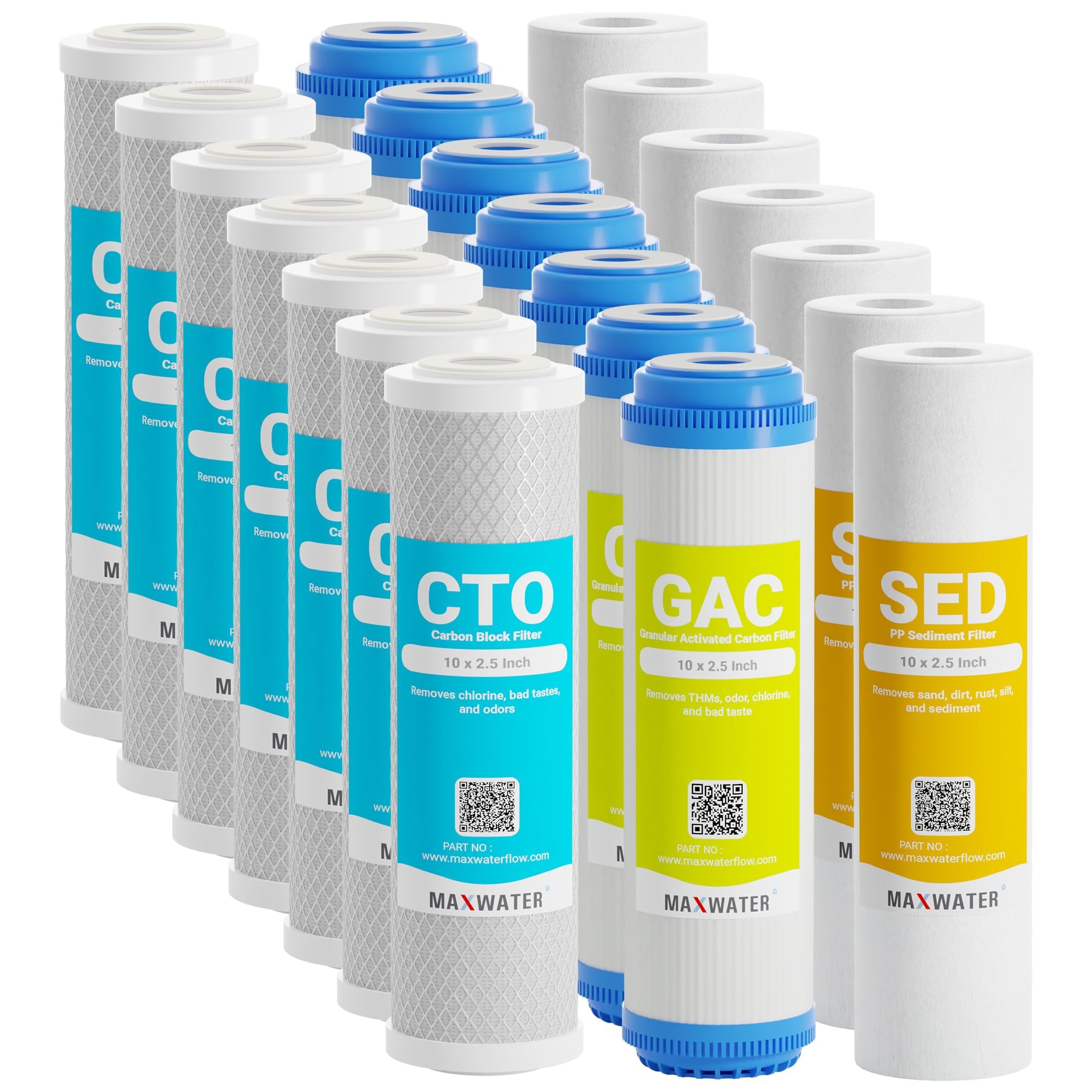 Max Water 5 Micron Replacement Filter Cartridge Set (10 Pack) - 2.5 Inch Standard RO Reverse Osmosis Water Filter System Compatible with AP110, WHKF-GD05, WHKF-WHWC | PP Sediment, GAC & CTO Filtration for Clean Drinking Water - Perfect for Home, Office, and RV Use
