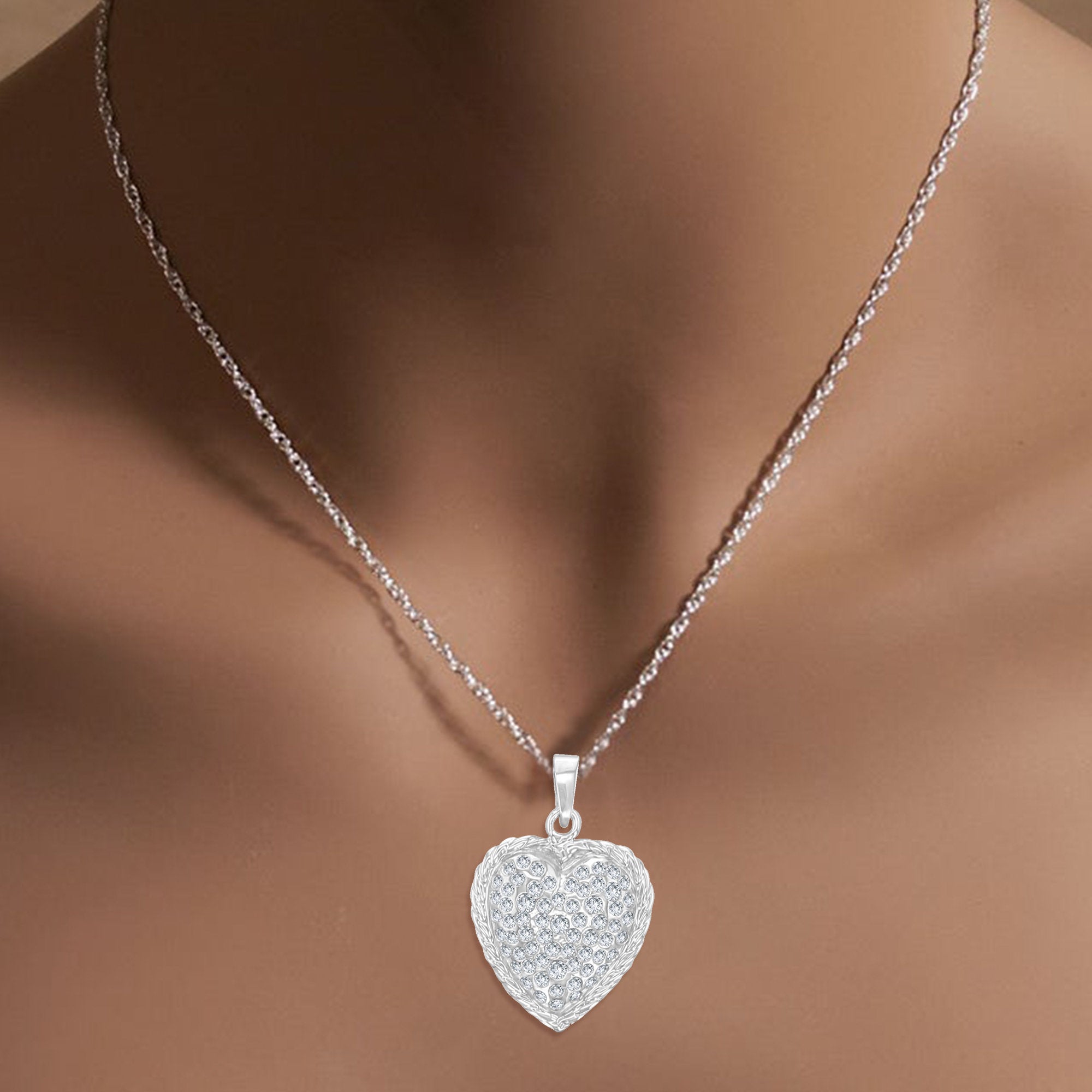 1.30cttw Diamond Heart Pendant with Rope Trim in 14k White Gold - Elegant Jewelry Gift for Women, Perfect for Anniversaries & Valentine's Day