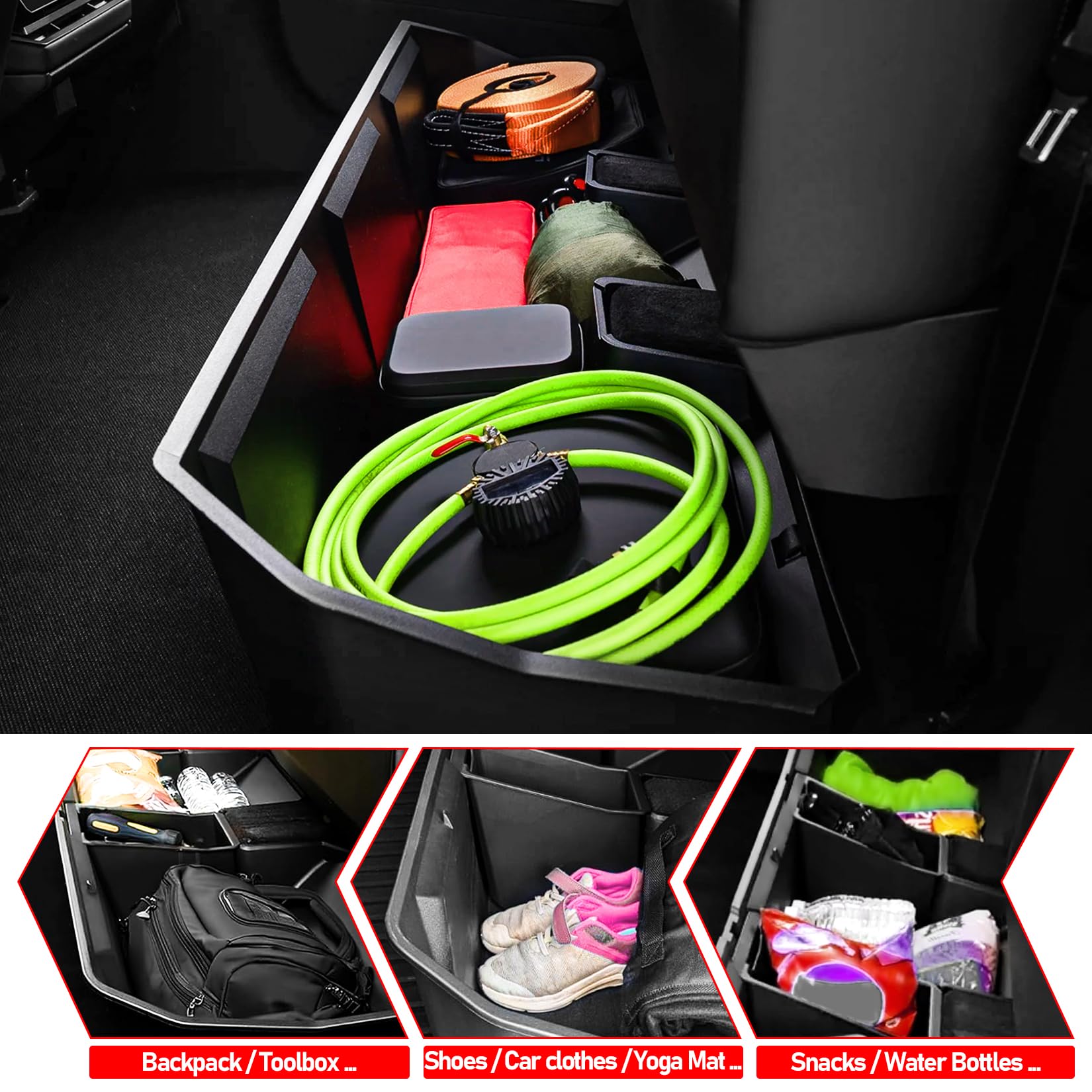 Tesla Cybertruck 2024 Rear Under Seat Storage Box - Black Hidden Organizer Bin for Second Row | Underseat Storage Accessories for Tools, Emergency Kits & Car Essentials