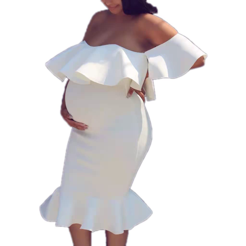 Elegant Off The Shoulder Maternity Dress for Baby Shower & Summer - Bodycon Mermaid Midi Dress with Ruffle Short Sleeves for Women | Perfect for Pregnancy Photos, Bridal Showers & Special Occasions