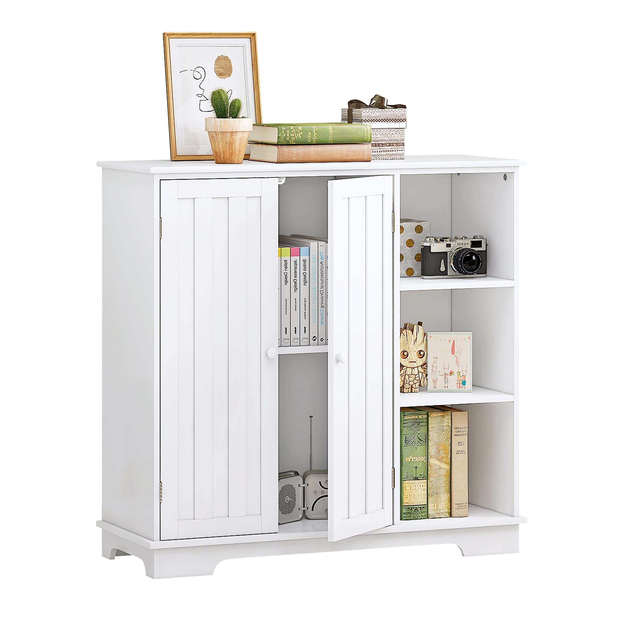 White Wooden Storage Cabinet with Open Shelf & 2 Doors - Free Standing Bathroom Organizer for Home, Living Room, Kitchen, Bedroom - Perfect for Bath Essentials, Linens & Home Decor Storage