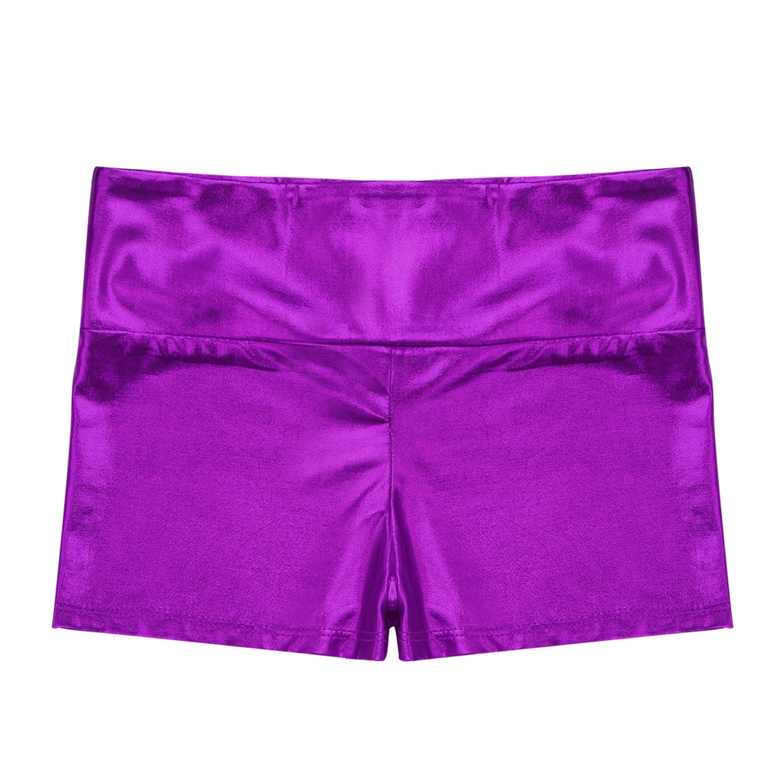 Shiny Metallic Ballet Dance Shorts for Girls - Athletic Sports Gymnastics Workout Booty Shorts - Activewear Bottoms in Purple - Size 14 Years - Perfect for Dance Class, Gymnastics Practice & Casual Wear