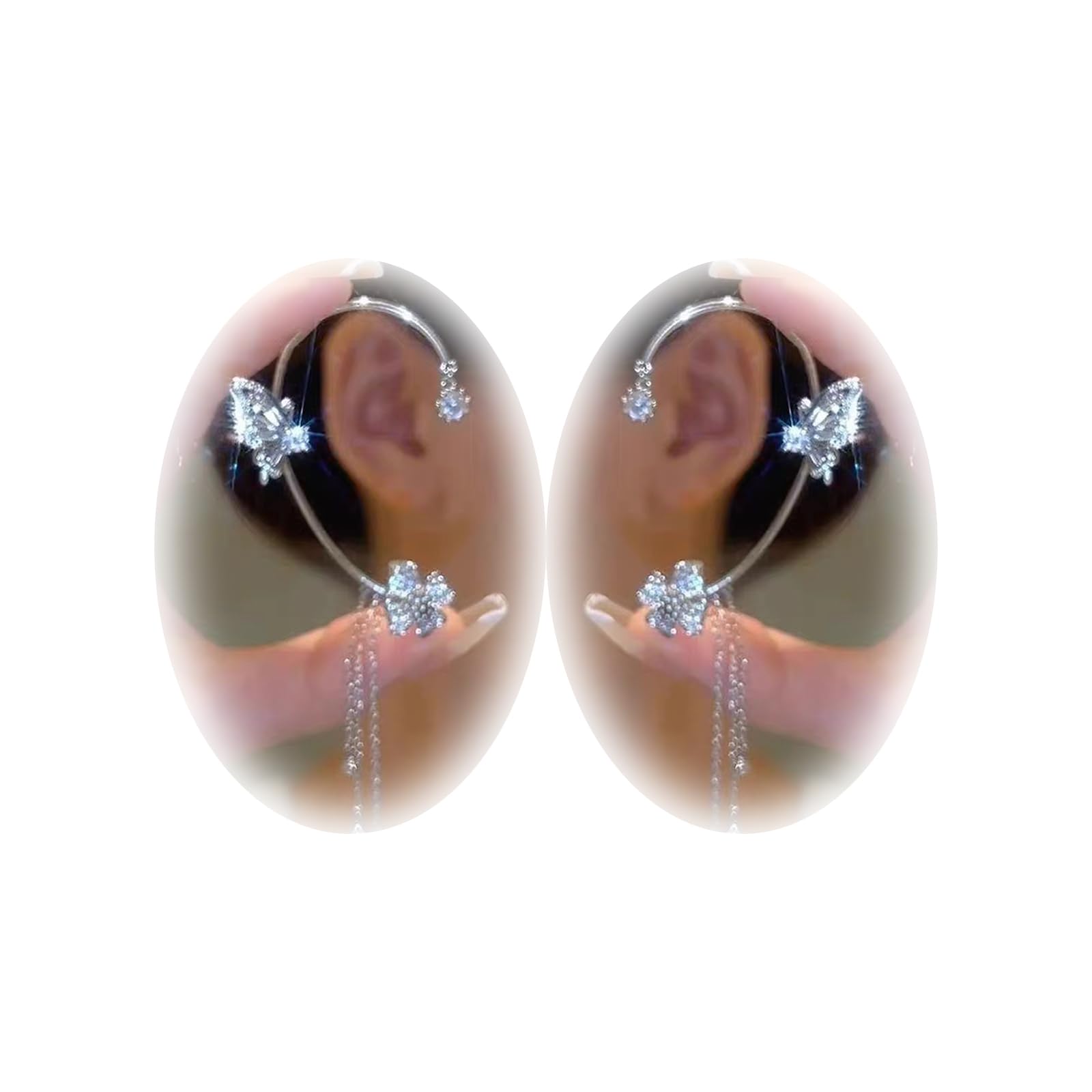 Vintage Butterfly Tassel Zircon Earrings for Women - Non-Piercing Fake Earrings, Flower Climber Wrap Around Ear Cuff - Elegant Fashion Jewelry for Parties, Weddings & Date Nights
