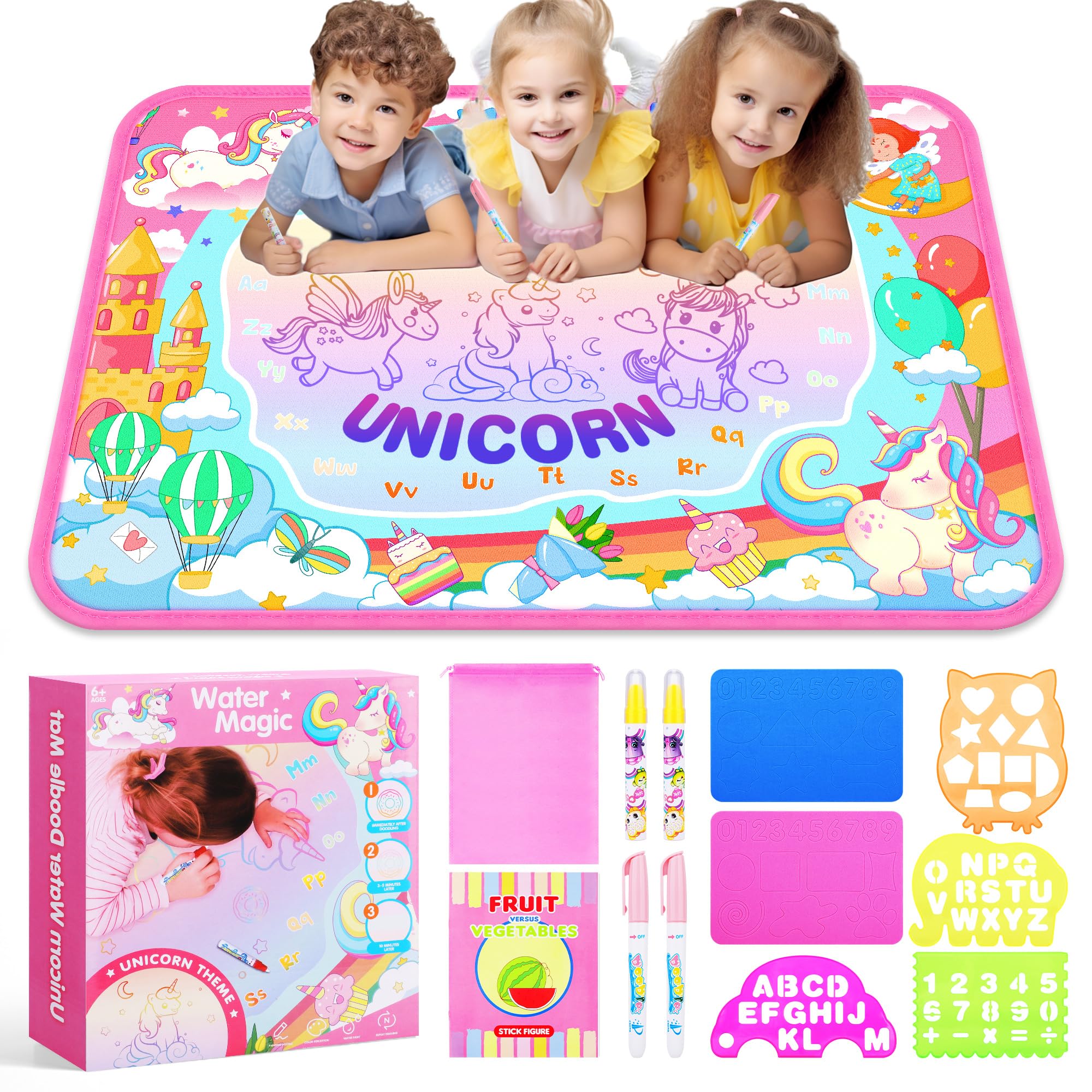 Unicorn Water Doodle Mat for Kids - No Mess Toddler Painting Pad, Reusable Drawing & Coloring Board Set - Perfect Art Supplies for Girls Ages 3-8 - Great Birthday & Christmas Gift for Indoor Play, Travel & Creative Learning Activities